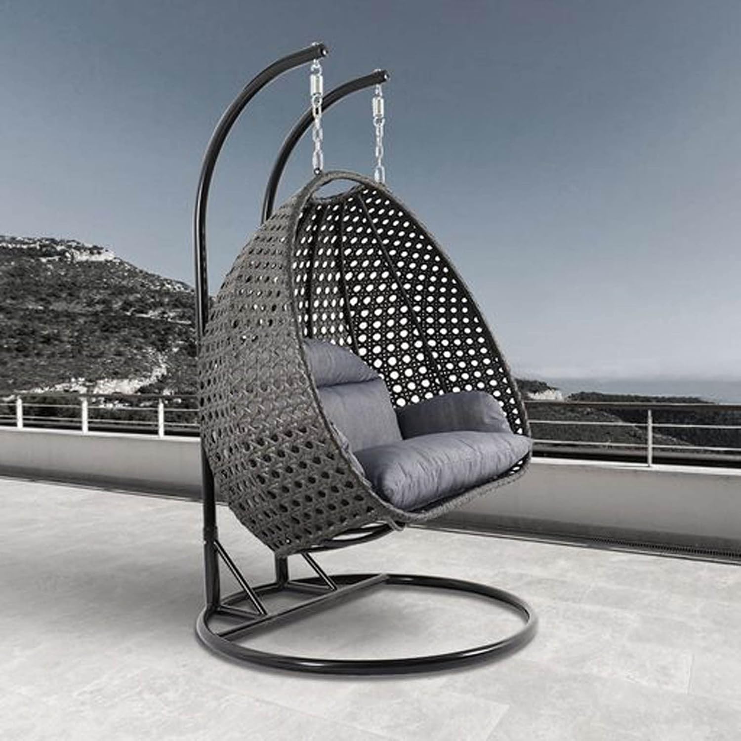 LeisureMod 2 Person Wicker Egg Chair Outdoor Indoor Bedroom Patio Hanging Lounge Swing Hammock Chairs with Black Stand and UV Resistant Cushions (Charcoal Blue)