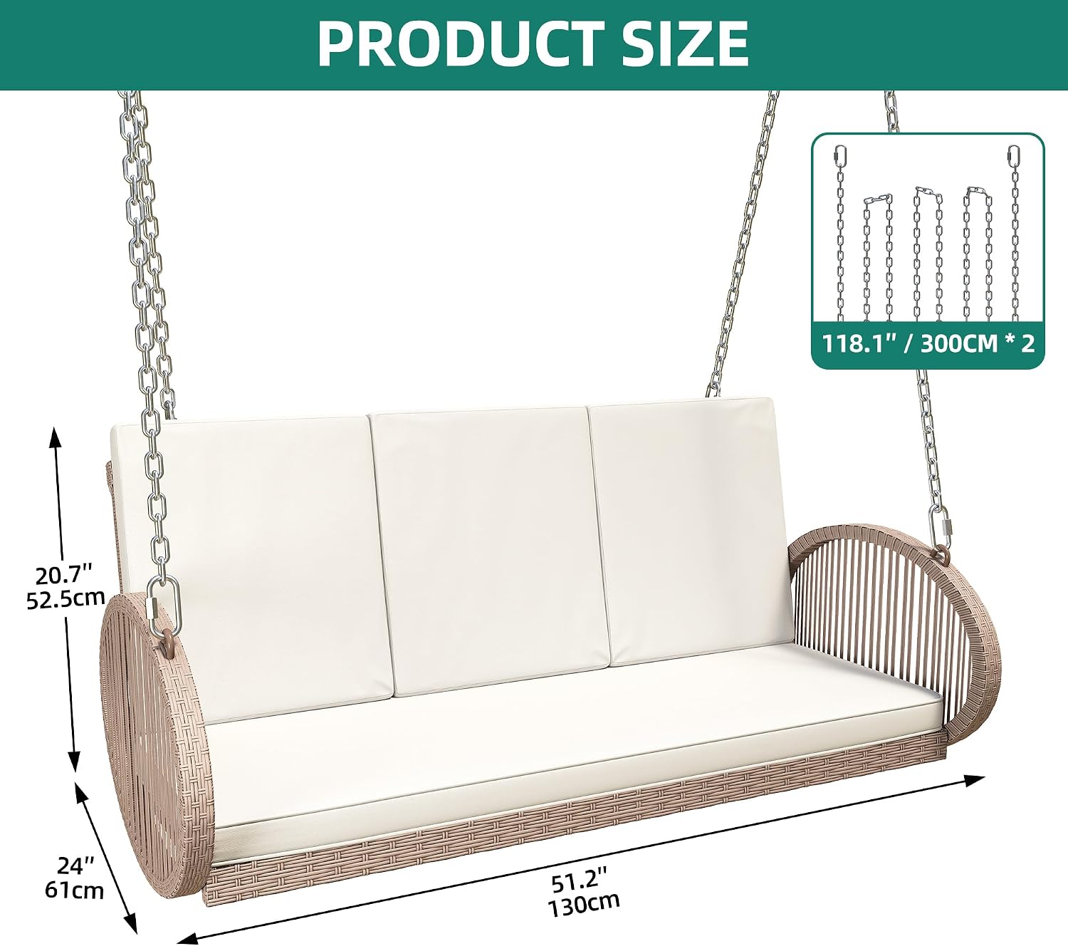 YITAHOME Outdoor Porch Swing, 3-Seater Patio Swing Chair with 4 Comfort Cushions, Sturdy Iron Frame, 800lbs Capacity, Wicker Hanging Bed for Backyard, Garden, Patio, Bedroom (Beige)