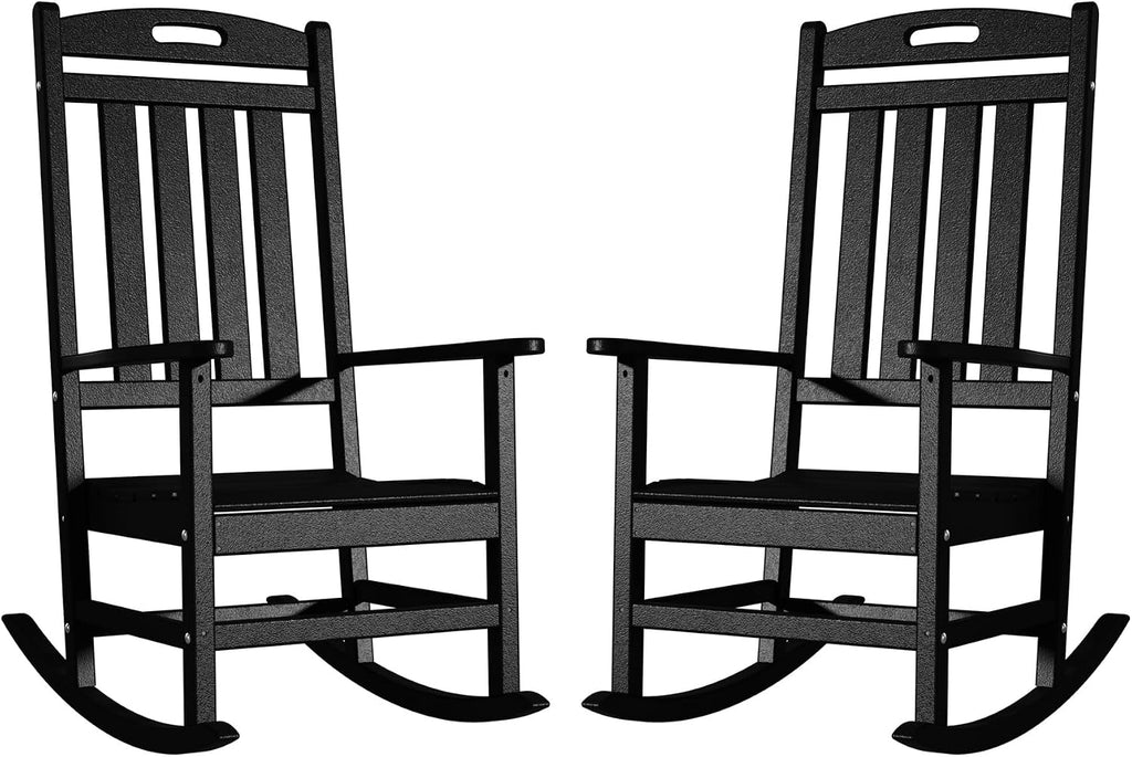 Outdoor Rocking Chair Set of 2, All-Weather Resistant Poly Lumber Rocker Chair Outdoor, High Back Plastic Patio Rocking Chairs for Outside Porch Rocker Garden Lawn, Black