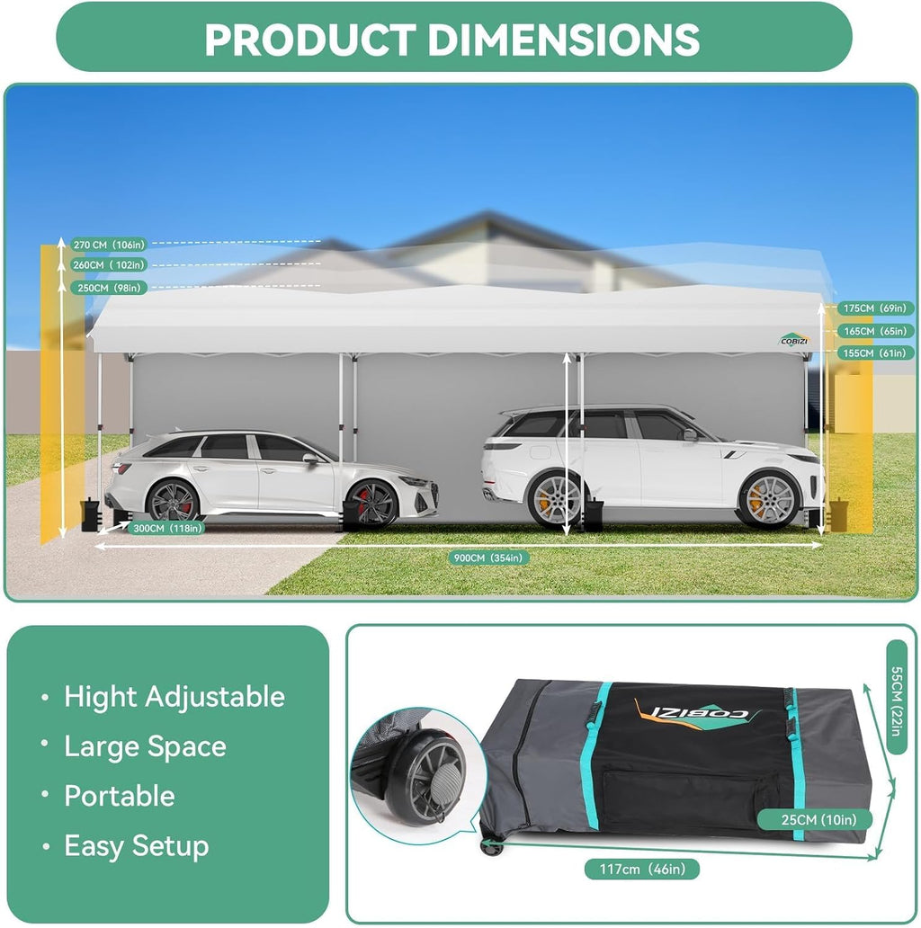 COBIZI 10x30 Pop Up Canopy with One Button Push Center Lock,Ez Up Portable Carport with 3 sidewalls,Waterproof UV50+ Outdoor Party Commercial Carport Canopy Gazebos with Roller Bag(10 x 30 ft White)