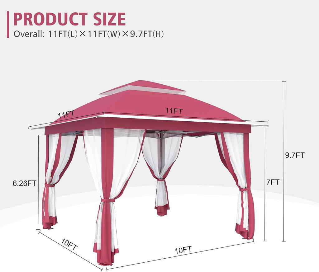 11 x 11 Pop Up Gazebo, Patio Gazebo with Double Roofs, Outdoor Canopy with Mosquito Nettings and Privacy Screens for Lawn, Backyard, Deck, Garden. Pink