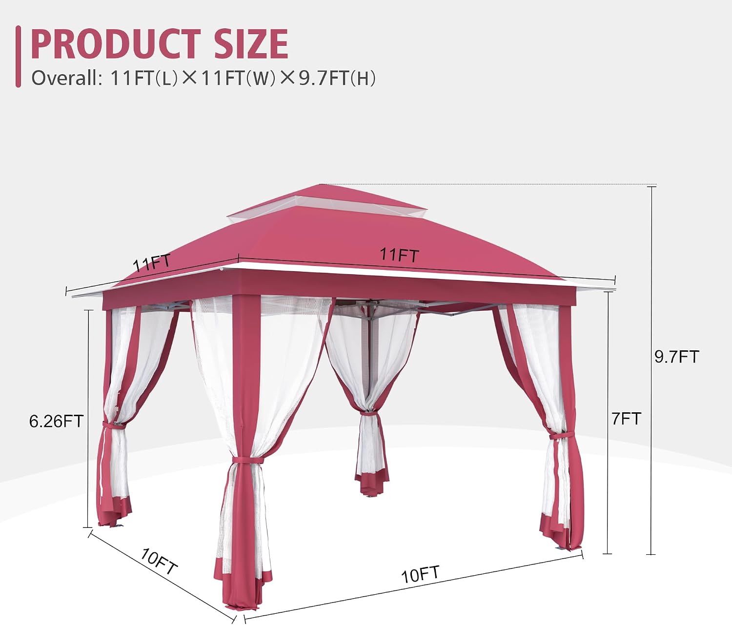 11 x 11 Pop Up Gazebo, Patio Gazebo with Double Roofs, Outdoor Canopy with Mosquito Nettings and Privacy Screens for Lawn, Backyard, Deck, Garden. Pink