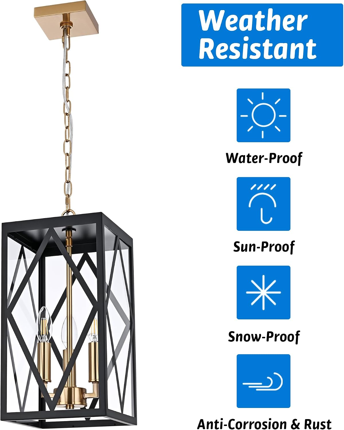 15.7'' Outdoor Pendant Light Black Brass, Exterior Ceiling Hanging Lantern Porch Light with Clear Glass, Outdoor Hanging Lantern Lighting Exterior Pendant Lighting Fixture for Porch, Gazebo