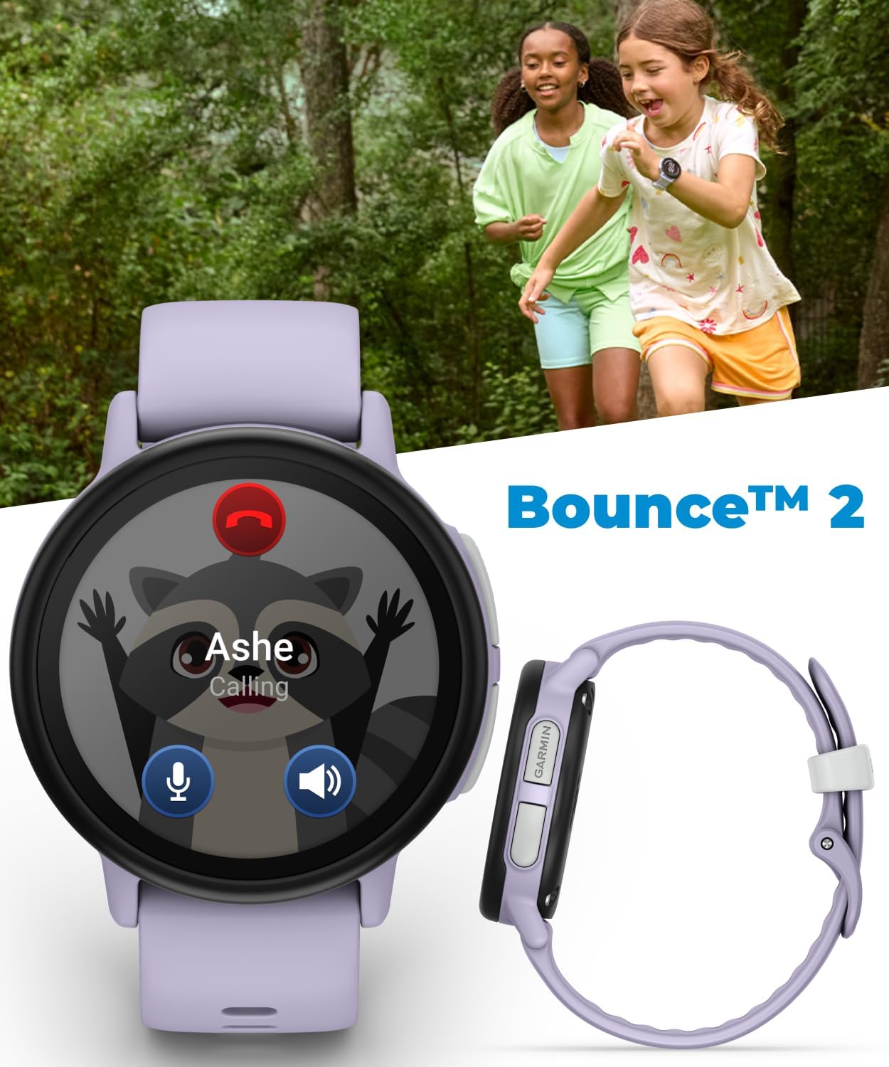 Garmin Bounce 2 Kids Smartwatch with LTE – Two-Way Calling, Text Messaging, Real-Time GPS Tracking, Swim-Friendly AMOLED Display, Music, Light Purple w/Wearable4U White Earbuds Bundle