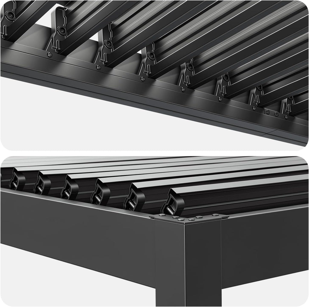 MELLCOM Louvered Pergola 10x12, Outdoor Rustproof Shelter with Adjustable Roof, Steel Aluminum Gazebo with Waterproof Curtains and Netting for Patio Deck, Dark Grey