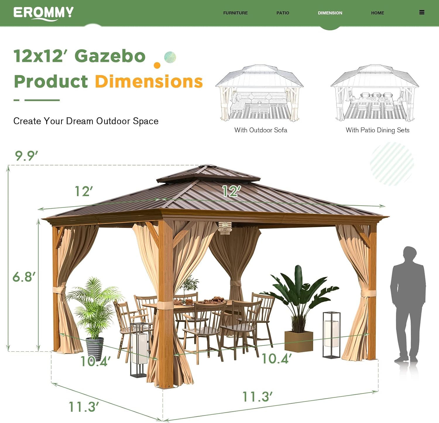 EROMMY 12' x 12' Gazebo, Wooden Finish Coated Aluminum Frame Canopy with Double Galvanized Steel Hardtop Roof, Outdoor Permanent Metal Pavilion with Curtains and Nettings for Patio, Backyard and Deck
