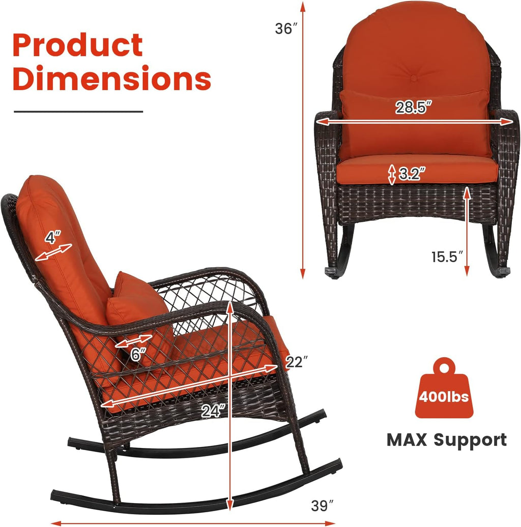 MEDIMALL Outdoor Wicker Rocking Chair, Patio Rattan Rocker w/Lumbar Pillow, Padded Seat & Back Cushions, Metal Frame, Mix Brown Wicker Furniture for Balcony, Porch, Deck, Backyard (Red)