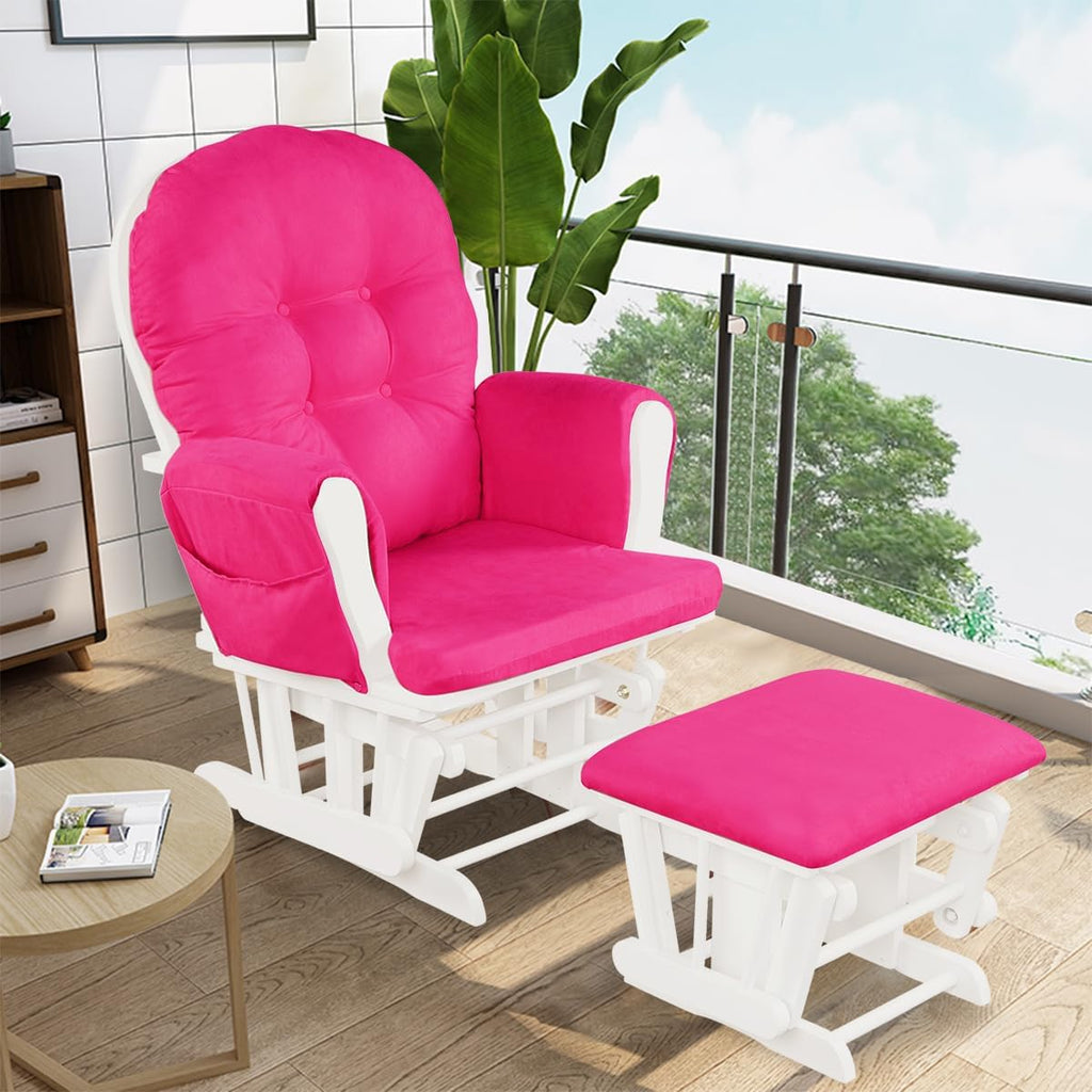 Costzon Nursery Glider with Ottoman, Upholstered Comfort Glider Rocker with Padded Cushion, Storage Pocket, Solid Wood Base, Rocking Chair Nursery for Breastfeeding, Napping (Deep Pink)