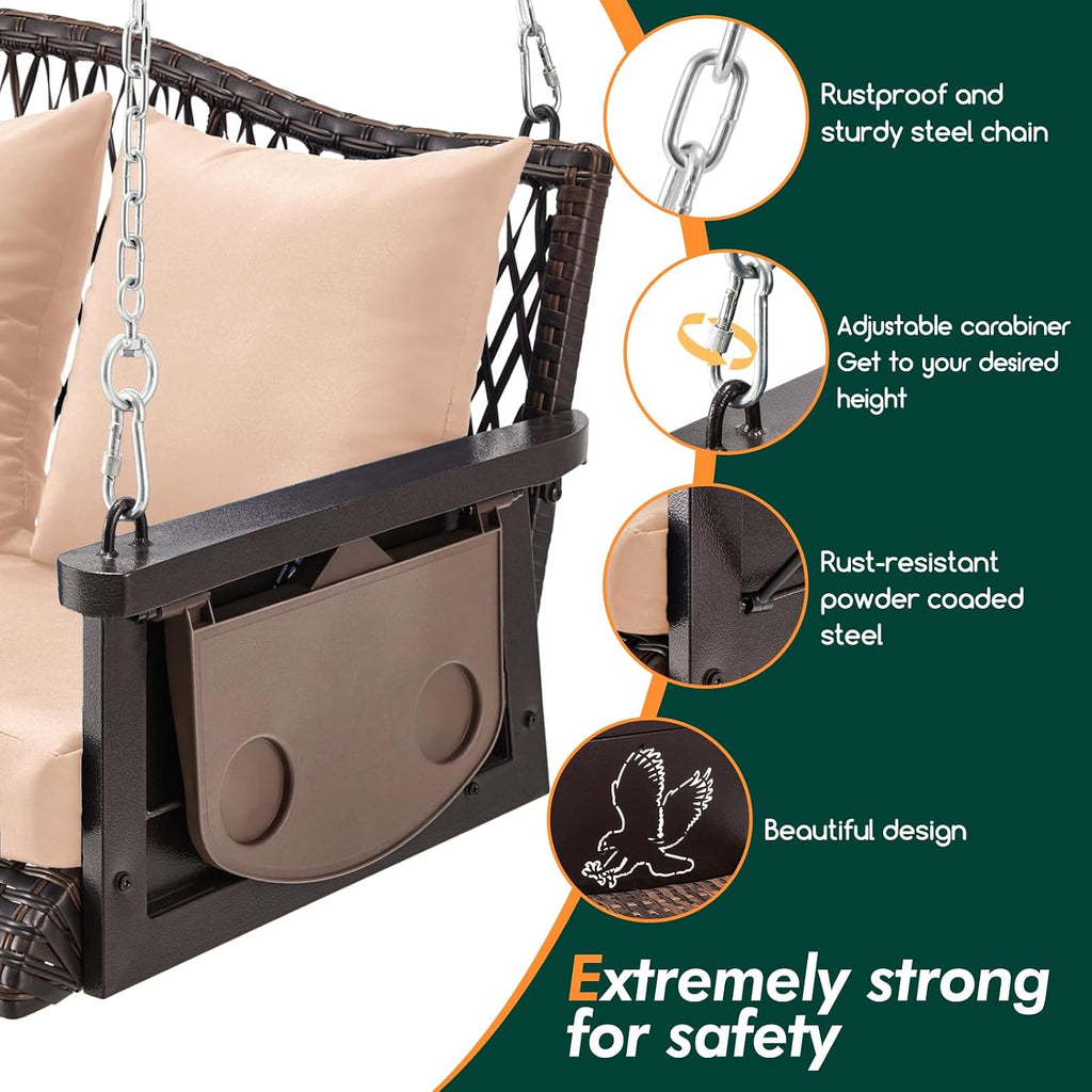 ZZW Upgraded Wicker Hanging Porch Swing Heavy Duty 900lbs 3-Seat Outdoor Patio Swing Chair Bench for Adult w/ 8.9ft Hanging Chains Cushions and Cup Holder