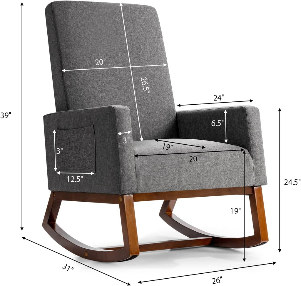 Giantex Upholstered Rocking Chair, Modern Fabric Armchair w/Wood Base, Side Pocket, Linen Padded Seat, High Back Accent Glider Rocker Chair, Mid-Century Leisure Chair for Nursery, Living Room (Gray)