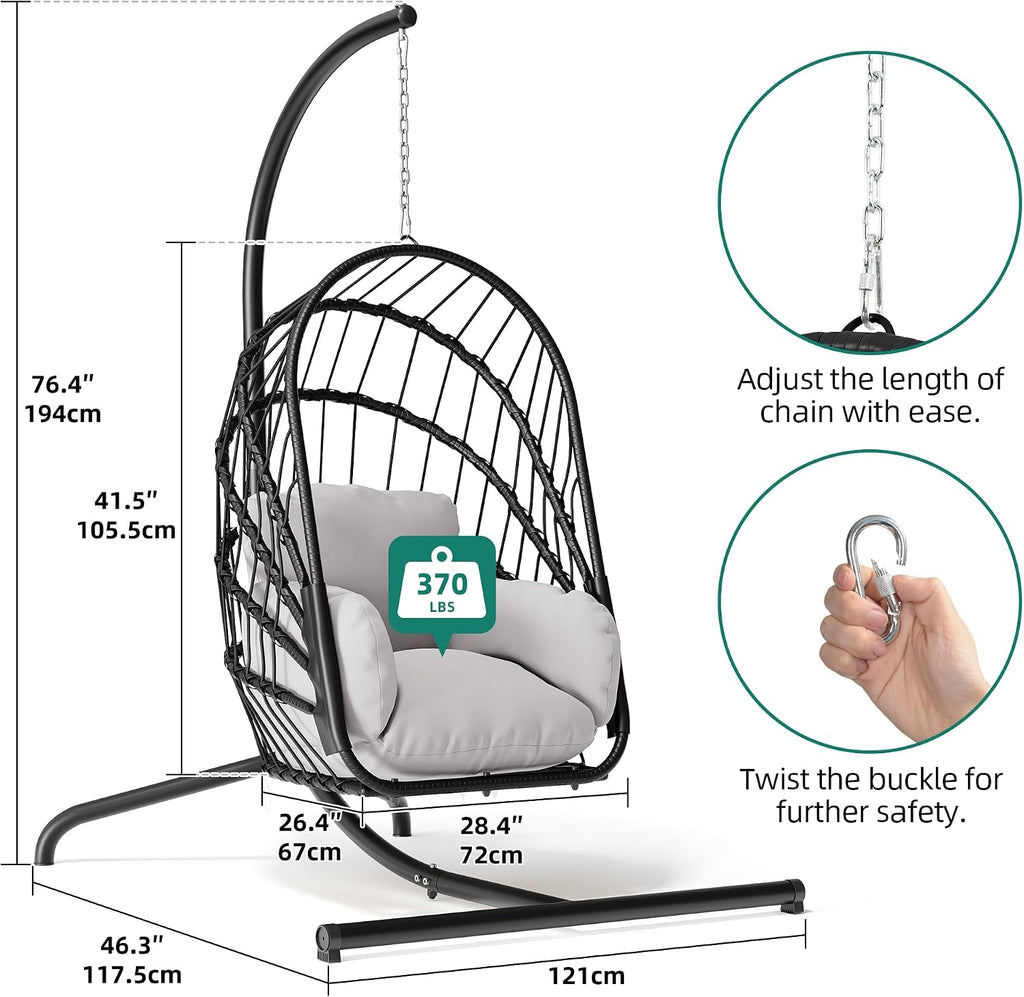 YITAHOME Hanging Egg Chair with Stand, Rattan Wicker Swing Egg Chair with Cushion, 350lbs Capacity, Foldable Hanging Rattan Basket Chair for Porch, Garden, Bedroom, Balcony, Grey