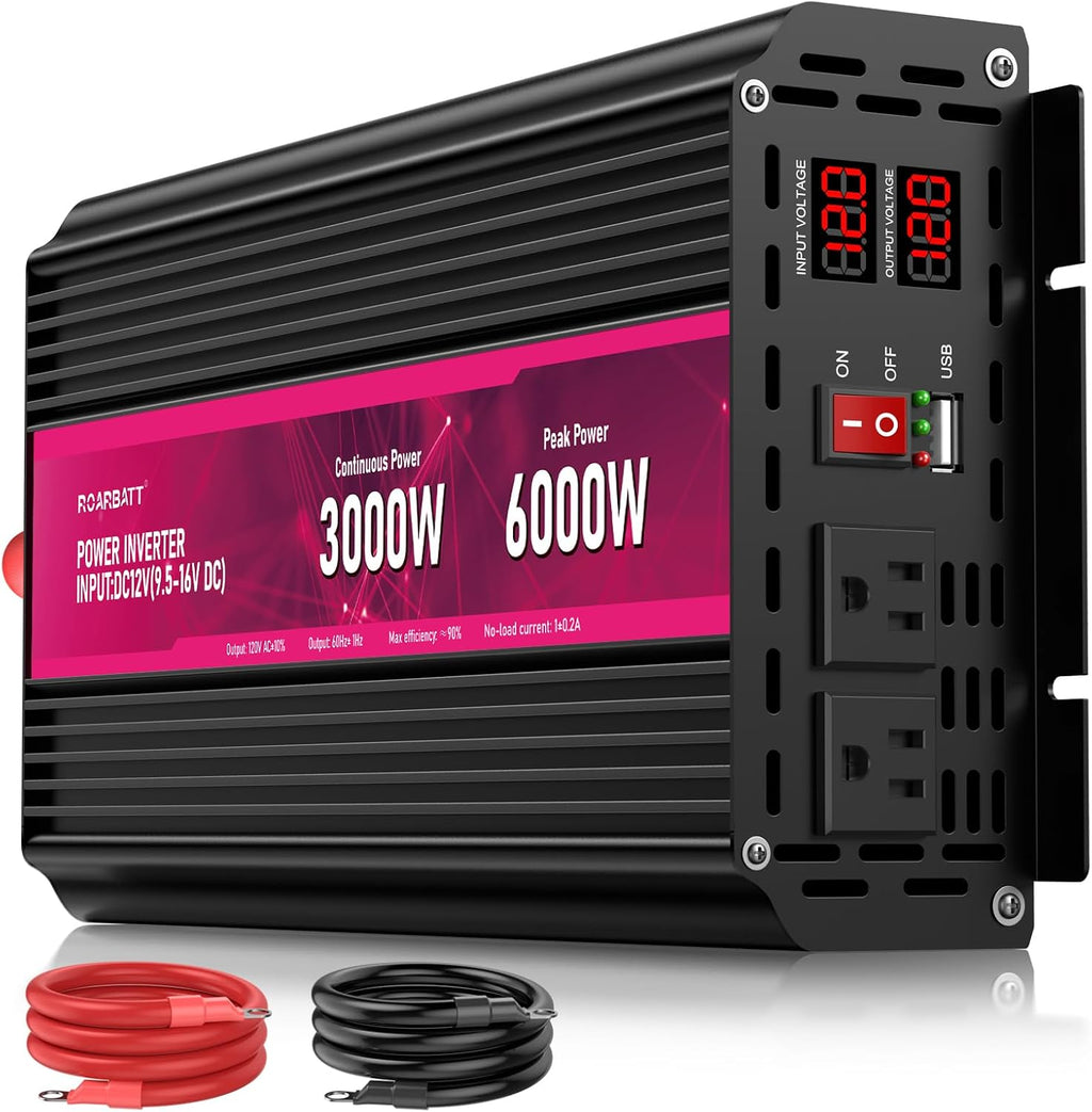3000W Power Inverter 12V DC to 110V/120V AC, 6000W Peak Car Inverter with 2 AC Outlets, 2.4A USB Port & LCD Display, Portable Backup Power Converter for RV, Truck, Camping, Outdoor & Emergency