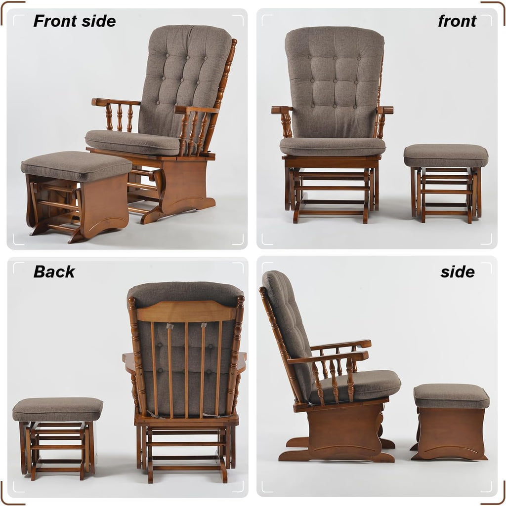 Anti-Pinch Solid Wood Hand Glider Rocking Chair Set with Ottoman, with Padded Cushion, Rustic Rubber Wood Nursery Glider for Nursing, Relaxing, Living Room, Bedroom, Oak Colored