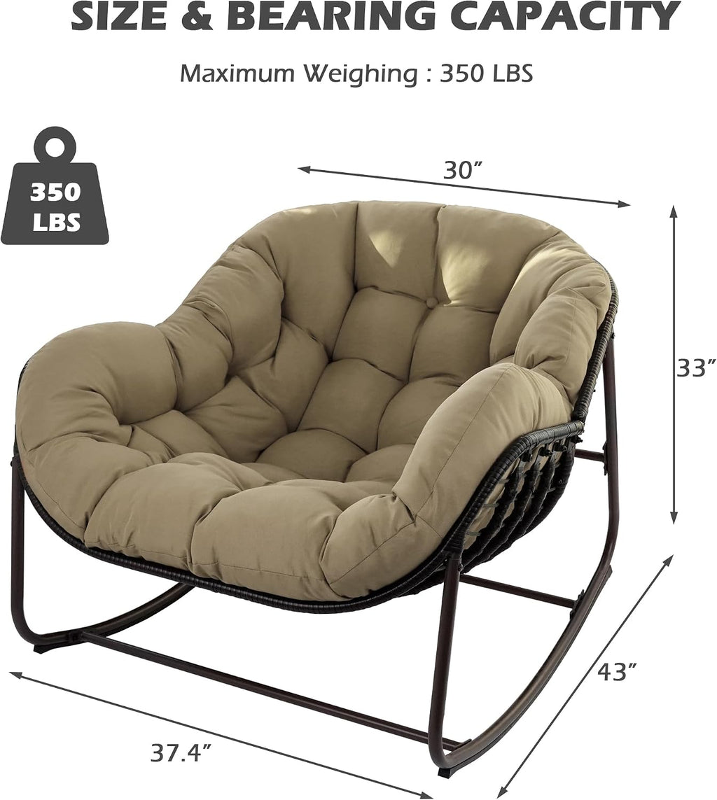 Papasan Rocking Chair, Oversized Papasan Chair with Cushion and Frame for Indoor& Outdoor, Deep Seat Egg-Shaped Rocker Chair for Garden, Deck, Living Room, Beige