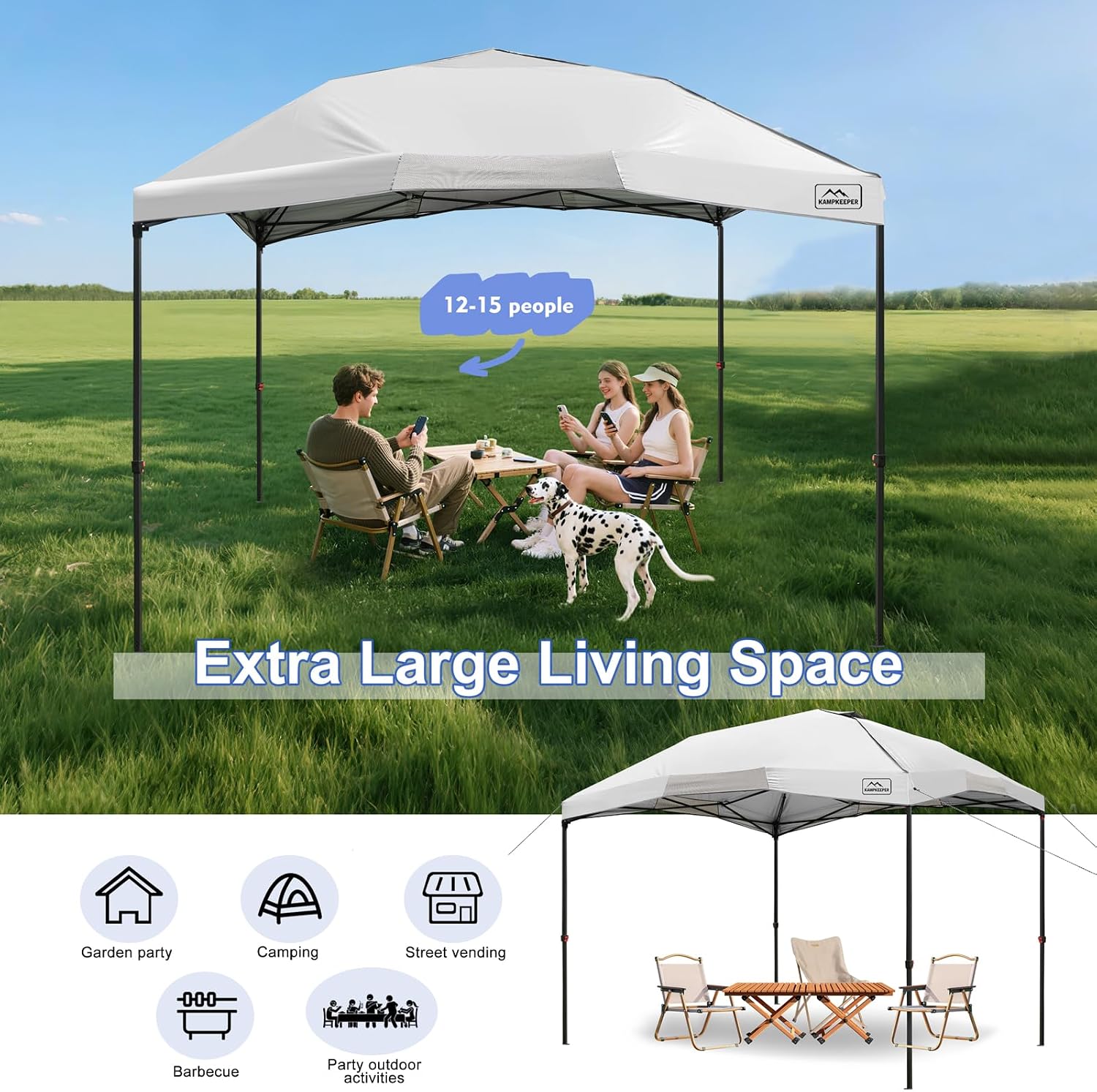 KAMPKEEPER 12x12 Pop Up Canopy Tent,Heavy Duty Outdoor Sun Shade for Events,Camping,Parties - Polygonal Patio Gazebo with Wheeled Bag,4 sandbags (White, 12x12FT)
