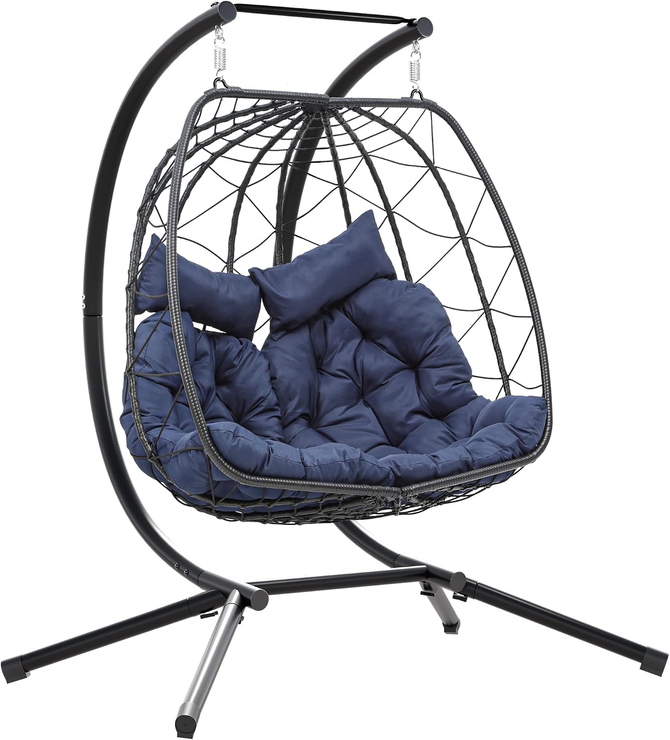 YITAHOME Hanging Egg Swing Chair with Stand Double Egg Chair 2 Person Wicker Chair Indoor Outdoor Hammock Egg Chair with Cushions 500lbs for Patio, Bedroom, Garden and Balcony, Navy Blue