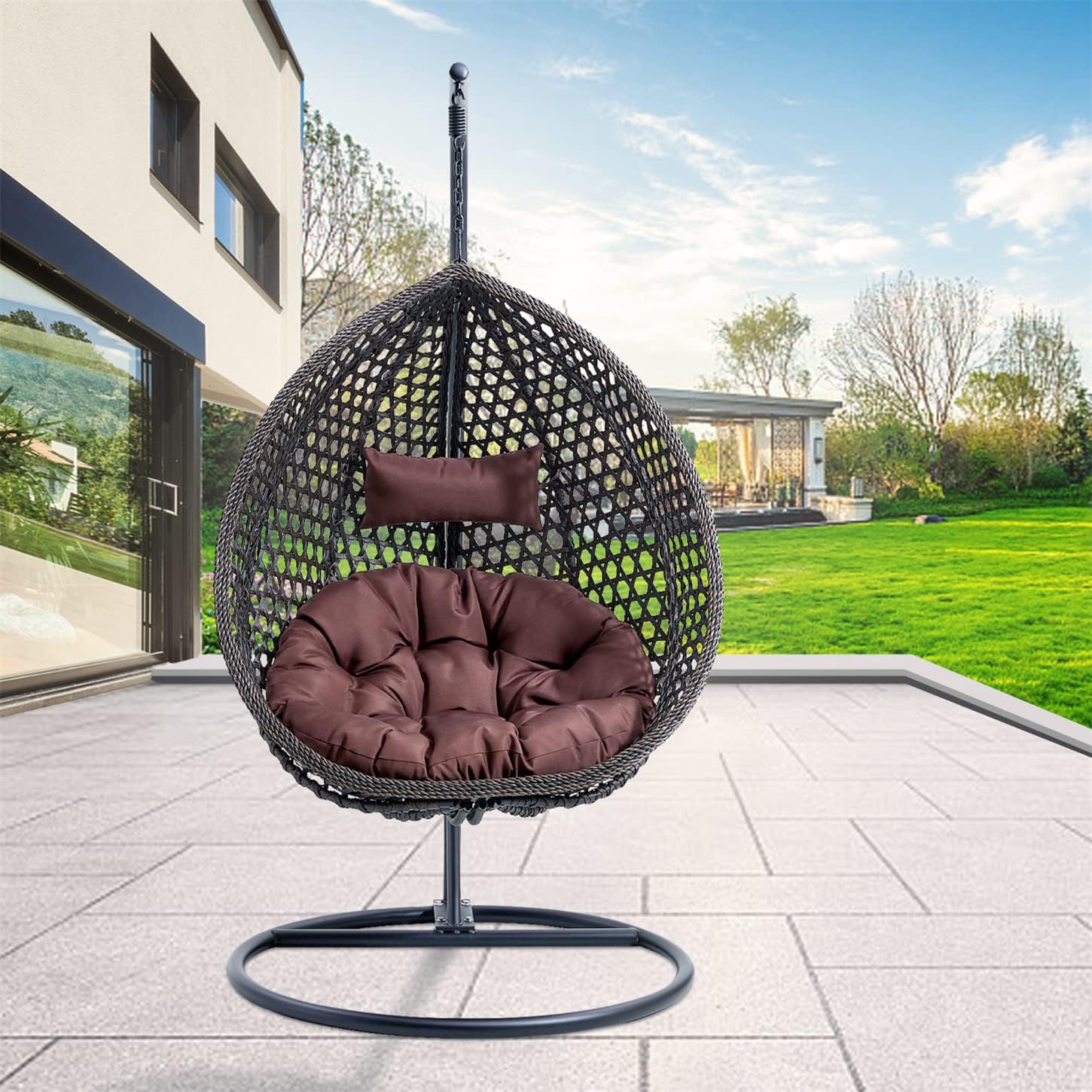 LKTART Egg Swing Chair with Stand Rattan Hanging Egg Chair with Cushions and Pillow Relaxing Chair Foldable Basket & Metal Stand Indoors or Outside 2-Black