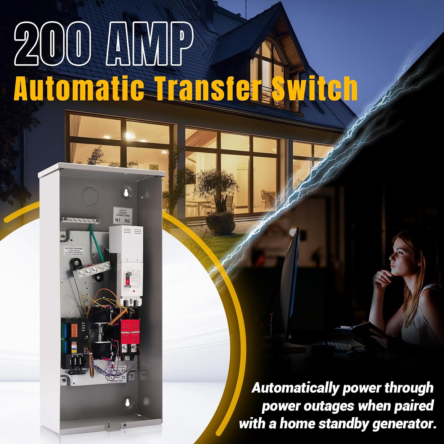 200 Amp Automatic Transfer Switch w/Power Management Replacement for Generac RXSW200A3, NEMA 3R Aluminum Enclosure for Indoor and Outdoor Use, Compatible with Evolution or Nexus Generator Controllers