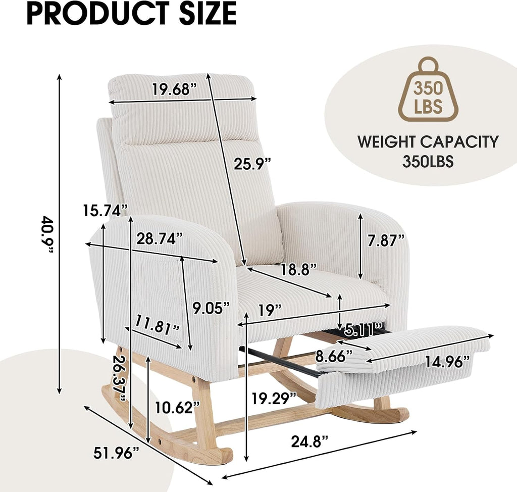 NIOIIKIT Nursery Rocking Chair, Corduroy Upholstered Rocking Chair with Adjustable Footrest, Tufted Rocker Chair with Side Pocket, Glider Rocker for Living Room (White Modern)