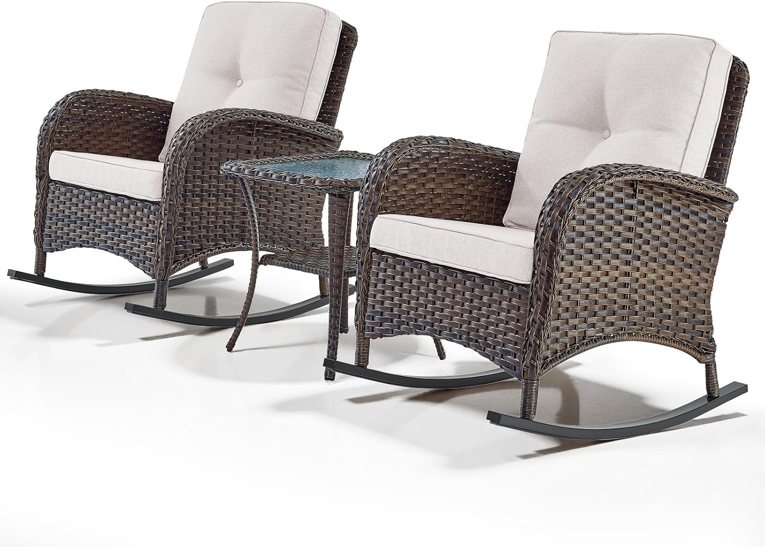 Belord Wicker Porch Rocking Chairs - 3 Pieces Patio Bistro Set High Back Outdoor Rocker Chairs Set with Side Table for Deck Balcony Brown/Beige