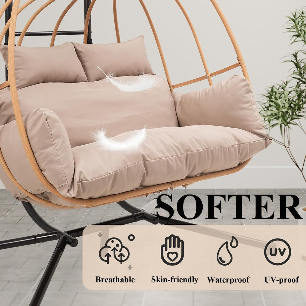 Oversized Egg Chair Outdoor, Double Egg Chairs with Stand, Round Hanging Chair with Stand, 600Lbs Sturdy Loveseat Swinging Egg Chairs for Balcony, Patio, Deck, Brown