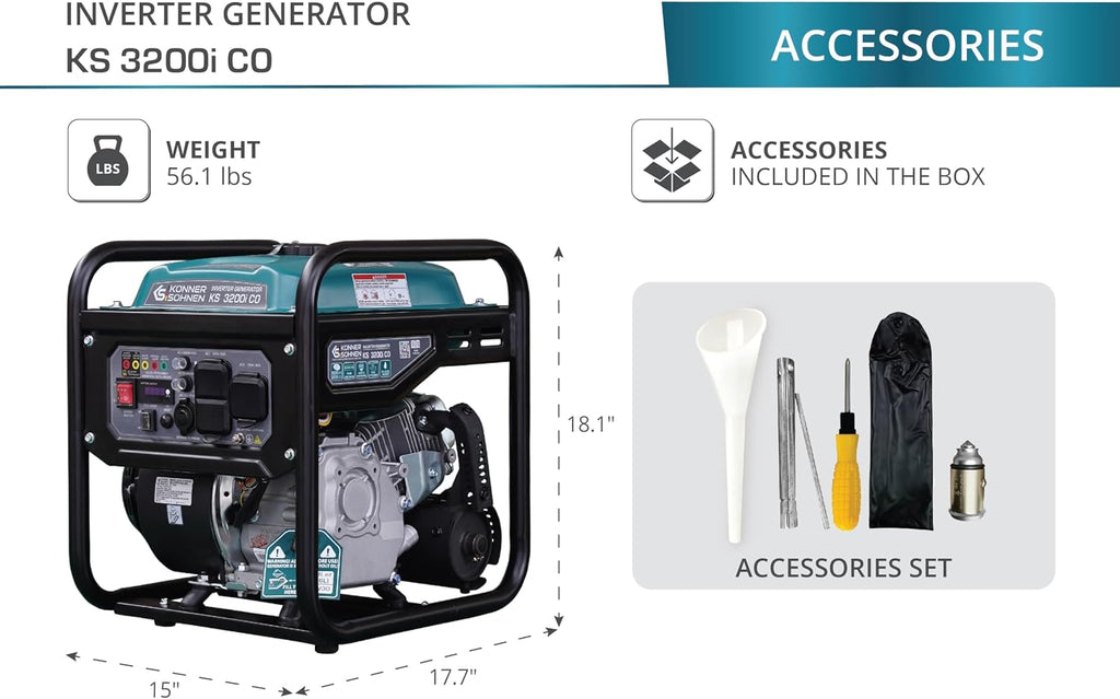 Konner&Sohnen Gas Inverter Generator - 3200 Watts, 230V, Lightweight and Portable, with CO Sensor and Fuel-Efficient technology (German brand, model: KS 3200i CO)