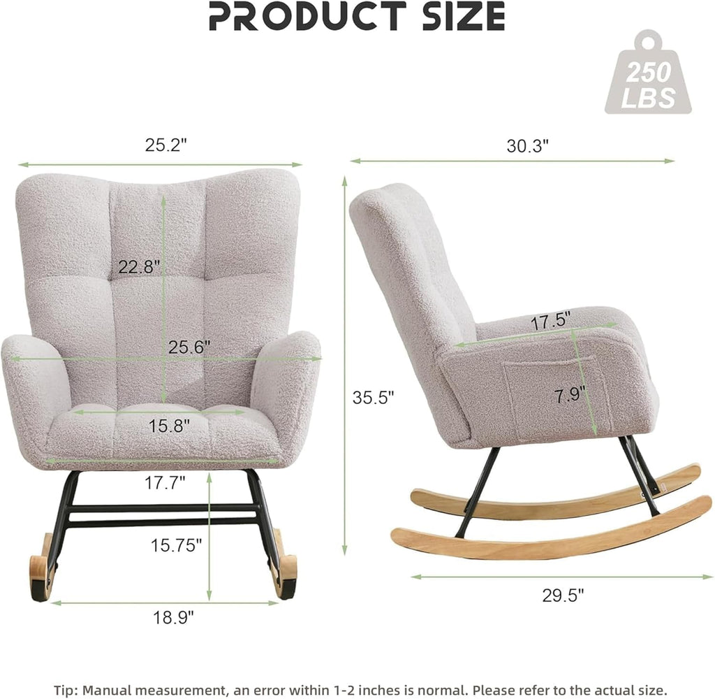 Nursery Rocking Chair, Teddy Upholstered Glider Rocker Rocking Accent Chair with High Backrest Armchair Comfy Side Chair for Living Room, Bedroom, Offices (Light Gray)