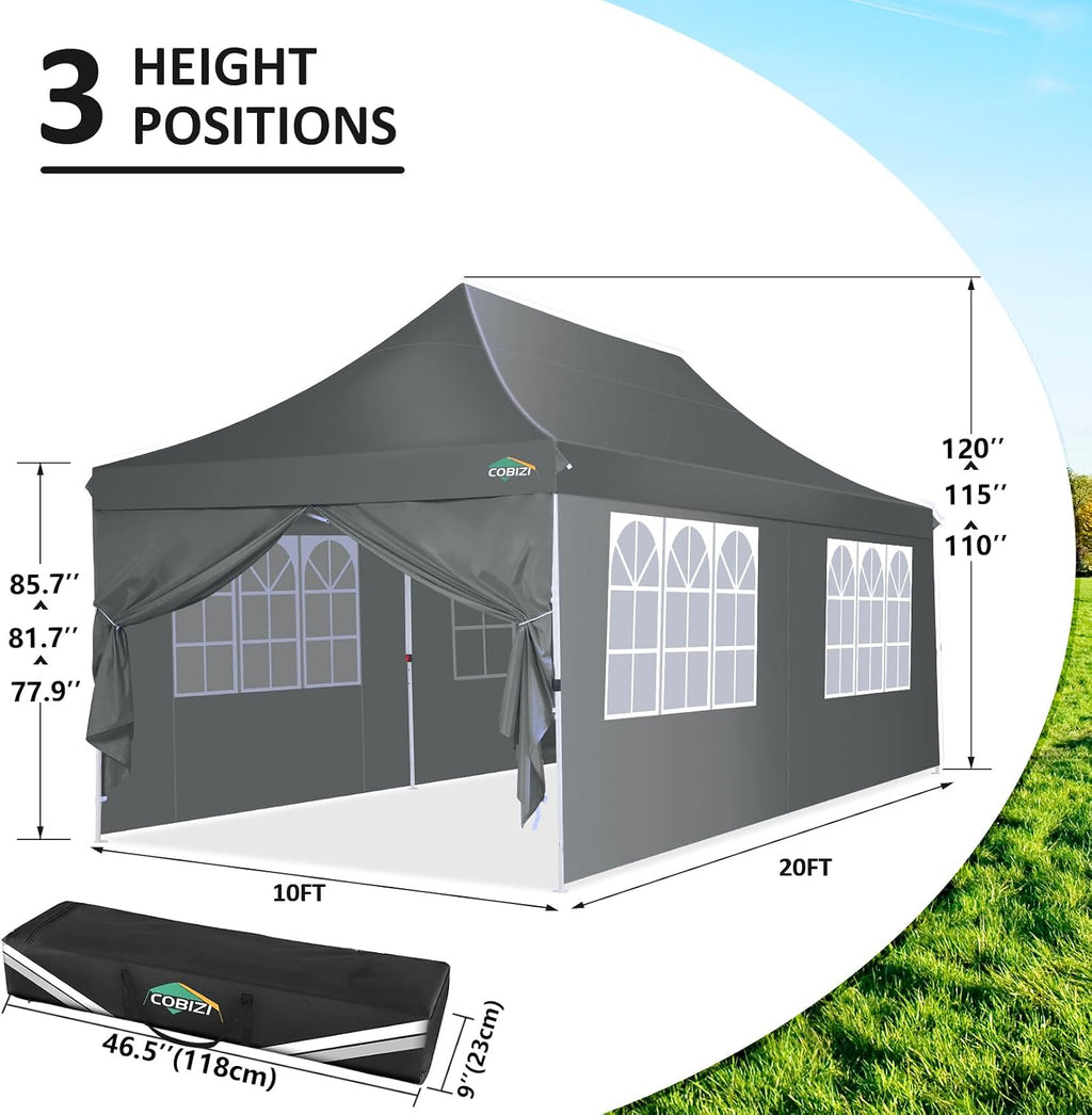 COBIZI 10x20ft Pop Up Canopy Tent with 6 Removable Sidewalls, Easy Up Commercial Canopy, Waterproof and UV50+ Gazebo with Portable Bag, Adjustable Leg Heights,Party Tents for Parties, with 4 Sandbags