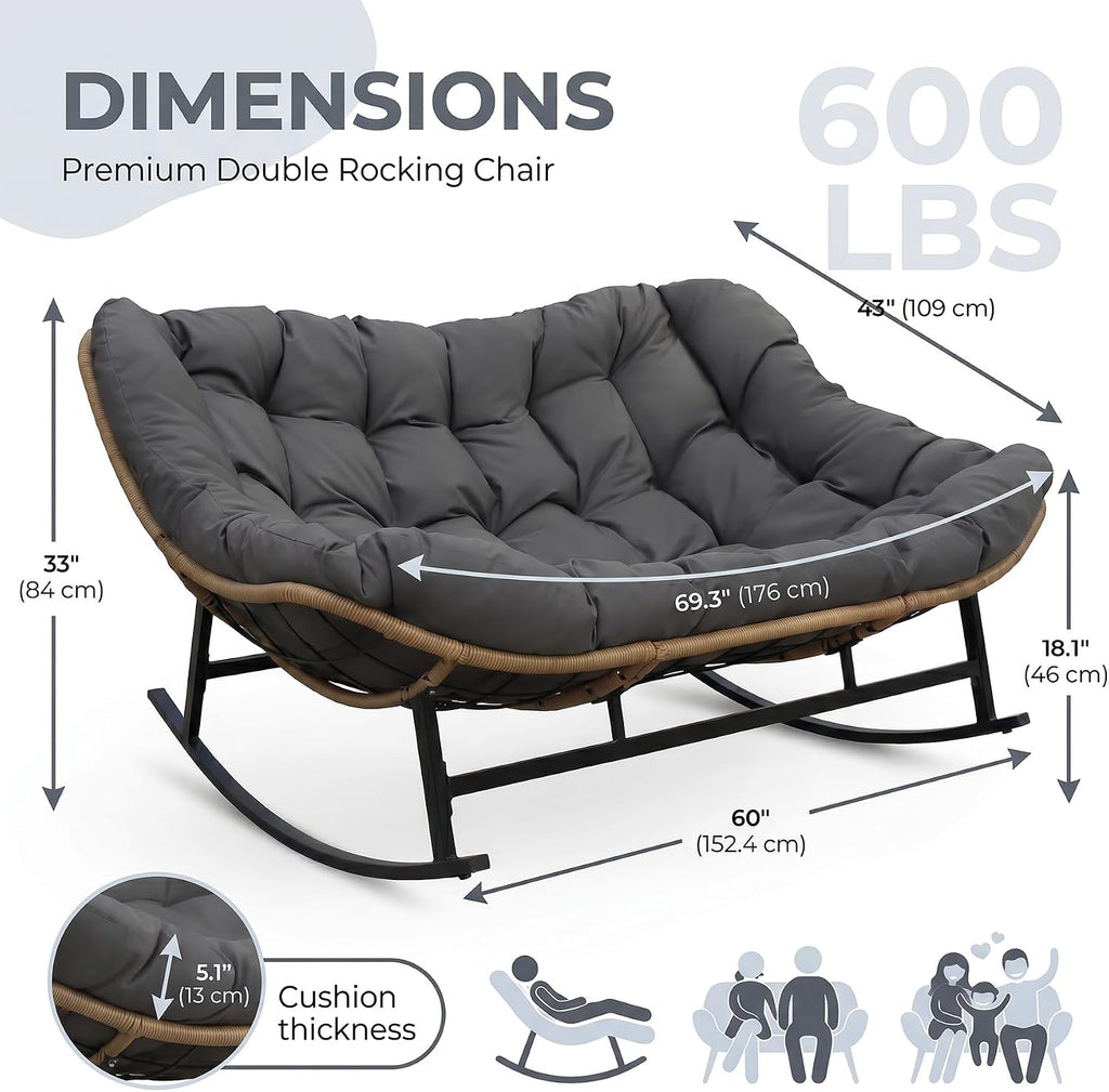BULEXYARD Double Papasan Rocking Chair Indoor Outdoor, 2 Person Wicker Rocking Egg Chair with Dark Grey Thick Cushion, Oversized Large Patio Lounge Loveseat for Balcony, Porch, Garden, Lawn