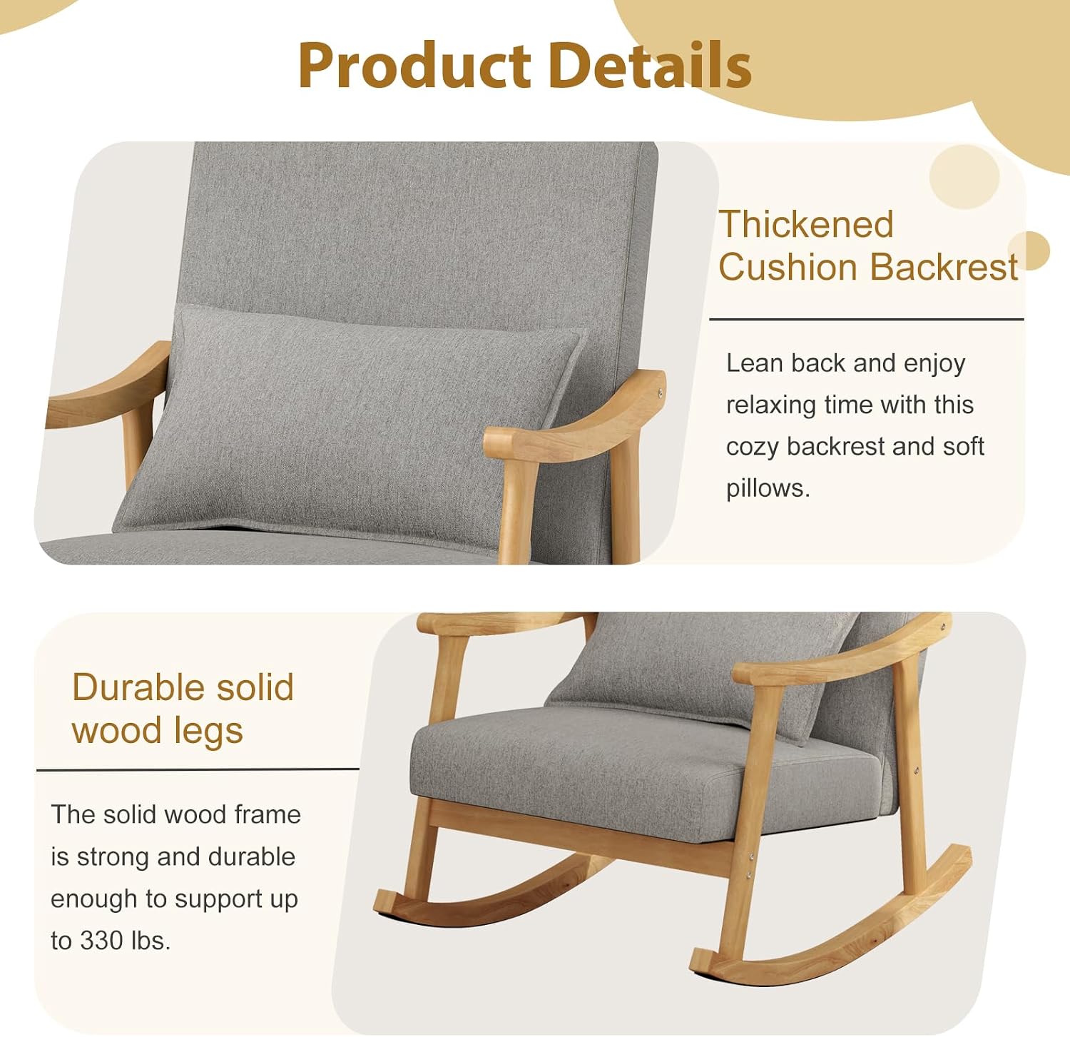 POWERSTONE Nursery Rocking Chair Upholstered Glider Rocker with PP Pillow & Rubber Wood Frame Modern Single Rocking Armchair for Bedroom, Living Room, Balcony, Offices, Nursery Grey