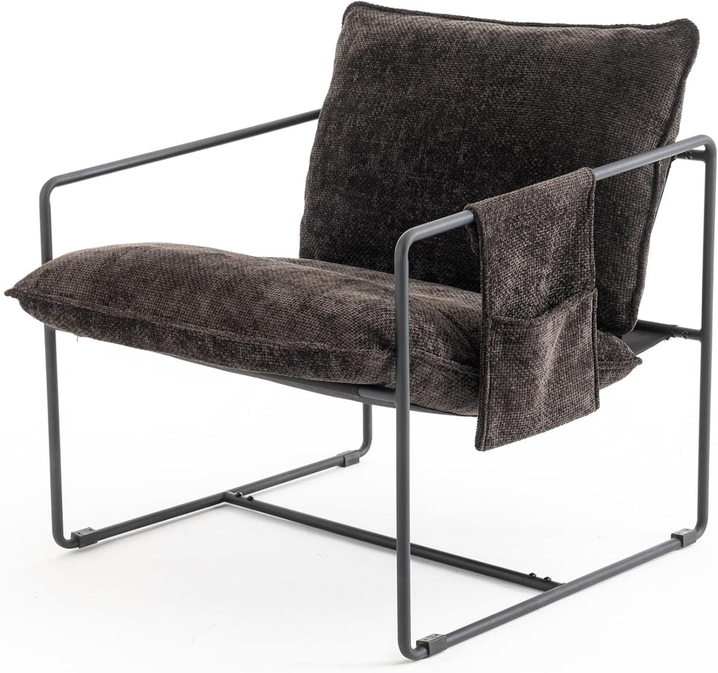 Comfy Sling Accent Chair Set of 2 Upholstered Hanging Armchairs with Pockets Metal Frame Skin-Friendly Fabric Reading Chair for Living Room Bedroom (Dark Grey Cushion & Black Metal Frame)