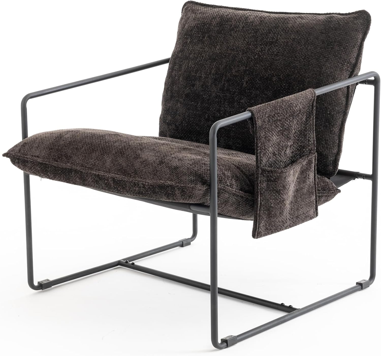 Comfy Sling Accent Chair Set of 2 Upholstered Hanging Armchairs with Pockets Metal Frame Skin-Friendly Fabric Reading Chair for Living Room Bedroom (Dark Grey Cushion & Black Metal Frame)
