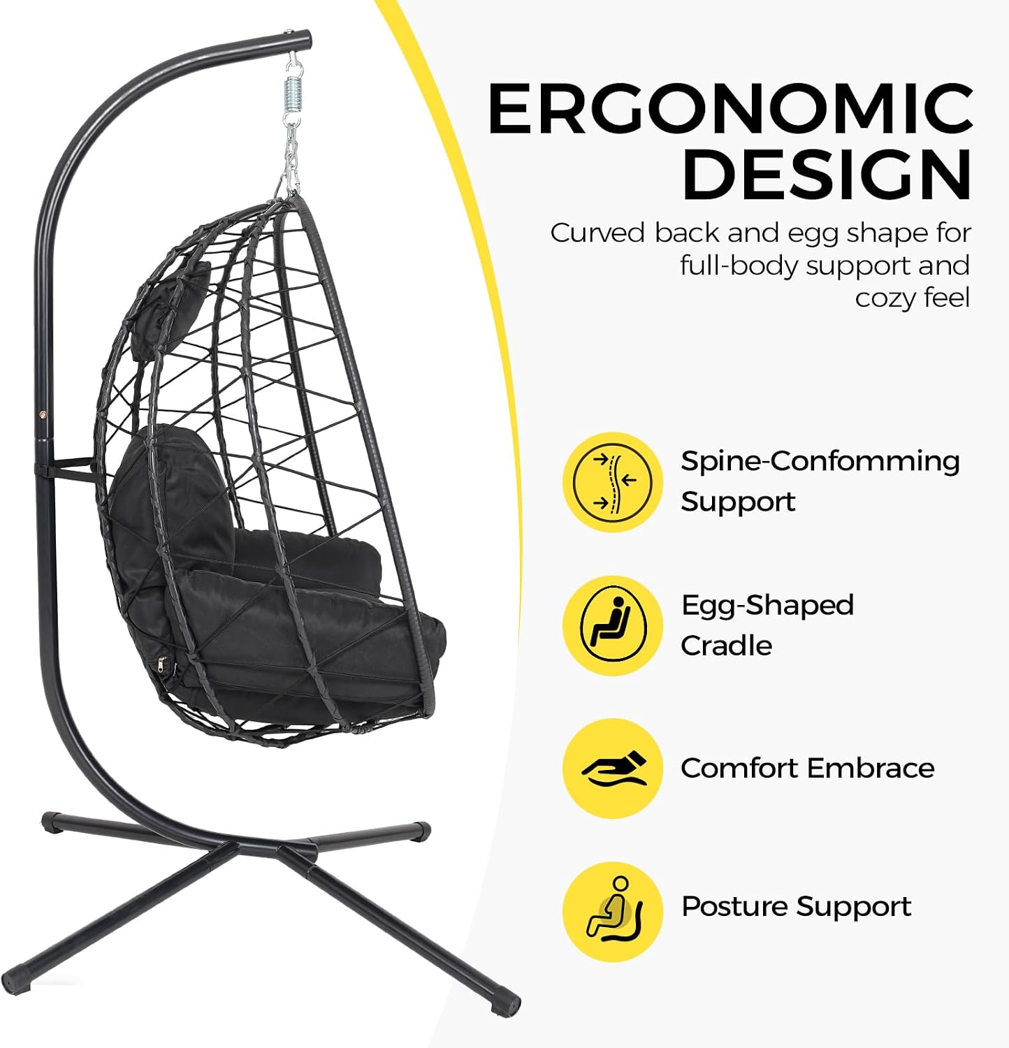 Egg Chair with Stand, Wicker Hanging Chair for Outdoor Patio, Cushioned Hammock Swing for Bedroom Garden Indoor/Outdoor, Double-Zipper Structure Hanging Egg Chair (Black and Black)