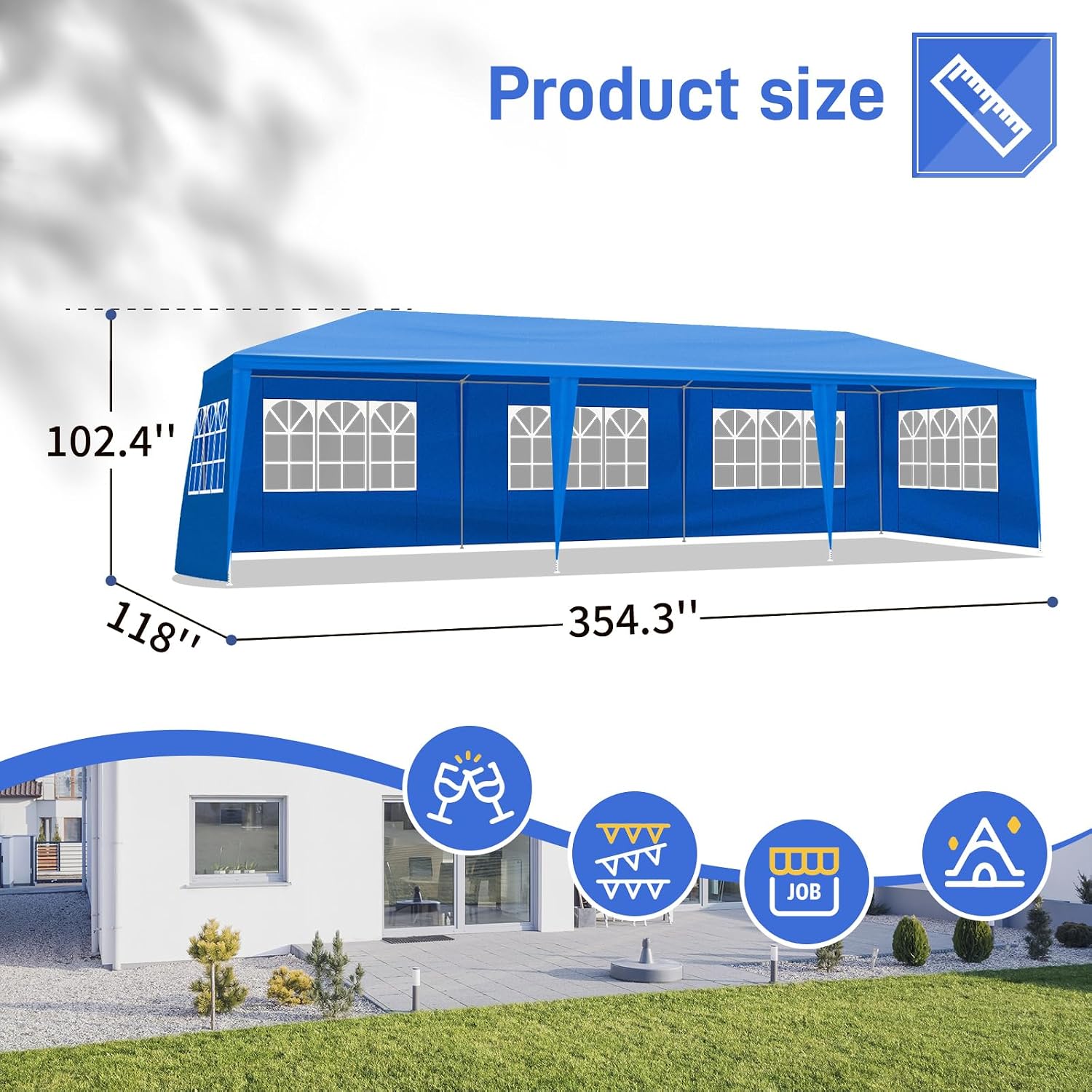 Party Tent for Outdoor Weddings, Birthdays, Events - Patio Gazebo Carport Canopy Shade With Removable Sidewalls & Transparent Window (10'x30'/8 Sidewalls Blue)