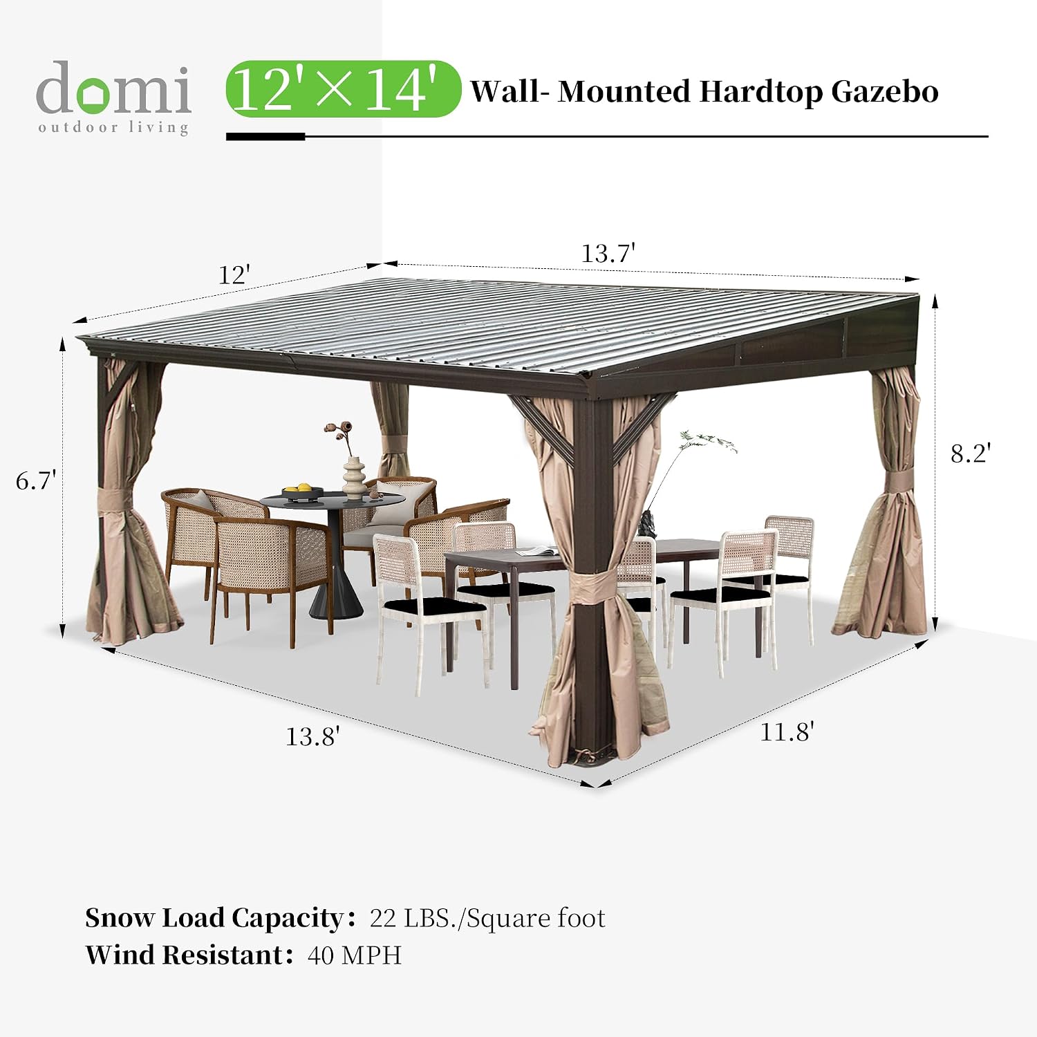DOMI 12x14FT Lean to Gazebo, Outdoor Hardtop Wall Mounted Gazebo with Sloping Galvanized Steel Roof, Durable Aluminum Frame, Netting Curtain for Deck, Porch, Backyard