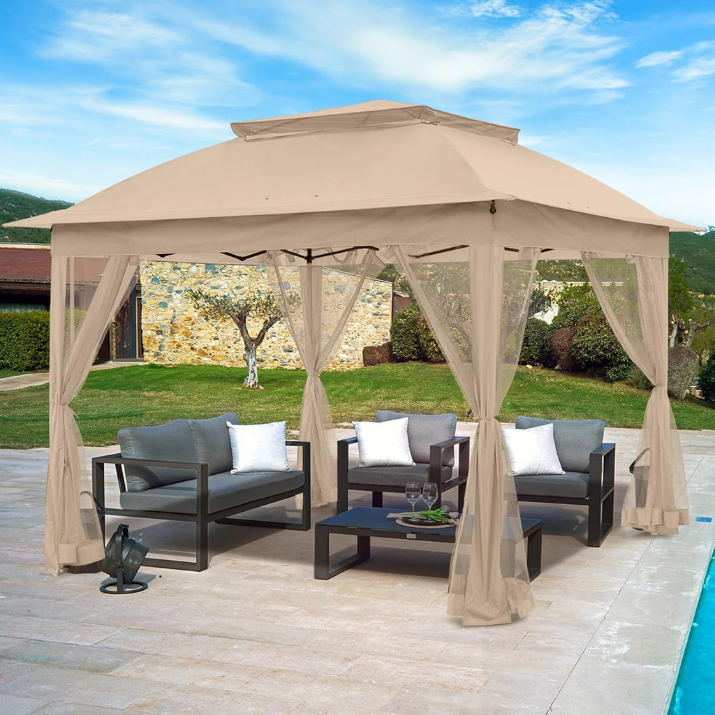 11x11 Pop Up Gazebo Tent with Mesh Netting, Instant Outdoor Canopy with UPF 50+ UV Protection, Water Resistant, Khaki