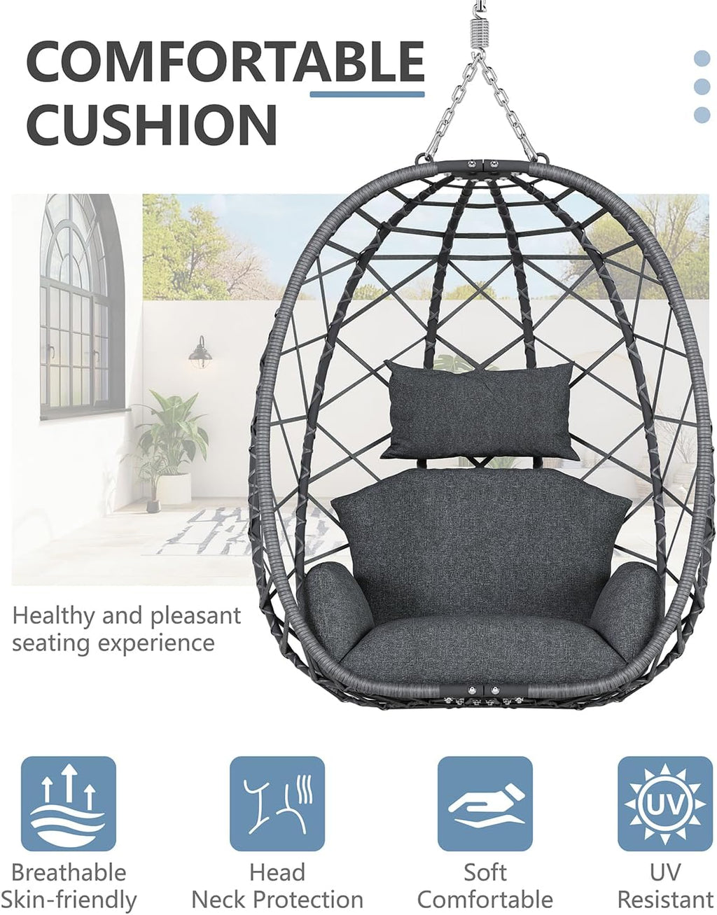 SWITTE Hanging Egg Chair with Stand, Outdoor Indoor Rattan Wicker Egg Swing Chair with Cushion, Heavy Duty Patio Hammock Chairs for Garden Backyard Balcony Bedroom, 400LBS Capacity, Dark Grey