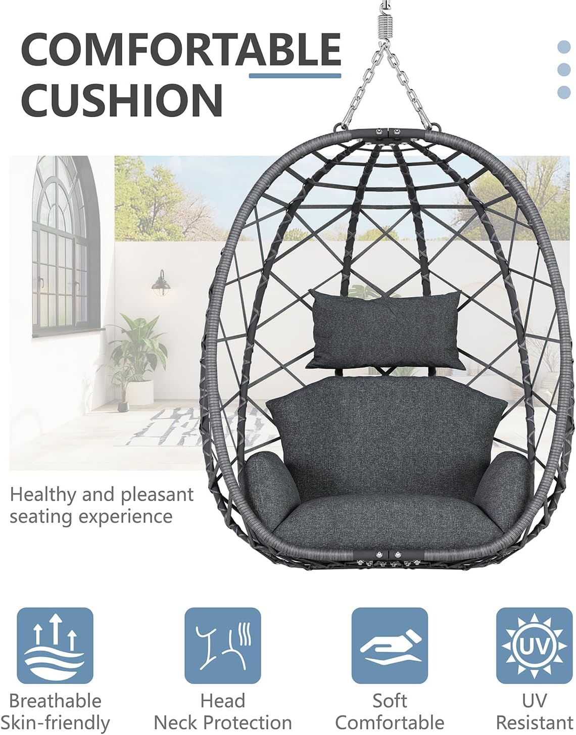 SWITTE Hanging Egg Chair with Stand, Outdoor Indoor Rattan Wicker Egg Swing Chair with Cushion, Heavy Duty Patio Hammock Chairs for Garden Backyard Balcony Bedroom, 400LBS Capacity, Dark Grey