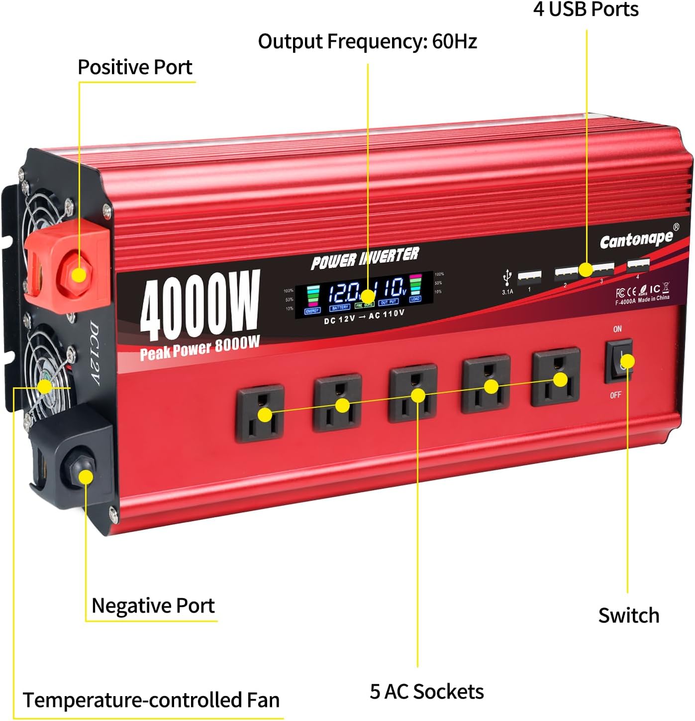 Cantonape 4000W Power Inverter 12V to 110V/120V DC to AC with LCD Display, Remote Controller 5 x AC Outlets and 4 x 3.1A USB Car Adapter for Car Truck Boat RV Solar System