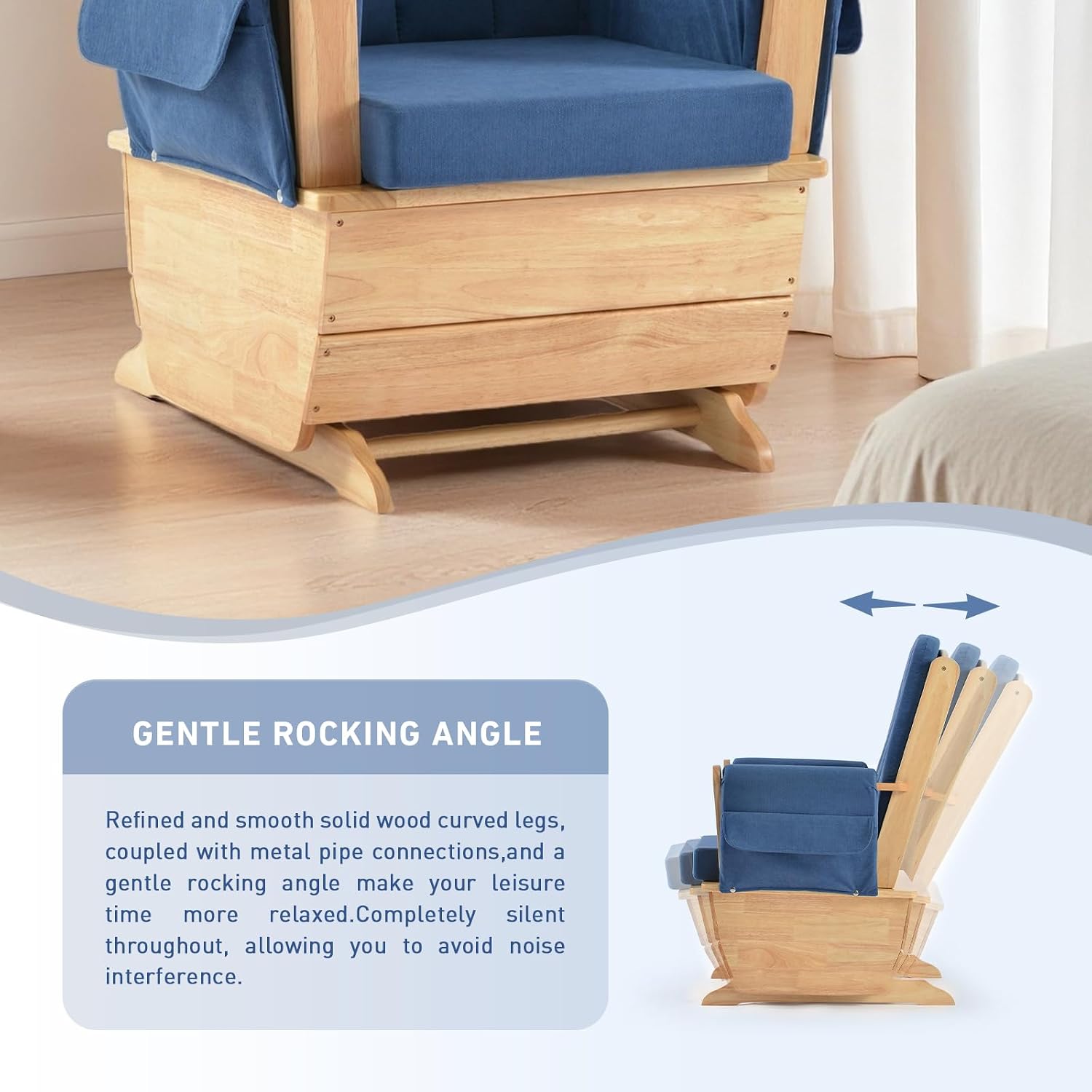 Wood Base Glider Rocker Chair, Baby Feeding and Rocking Chair Nursery Rocking Chairs with Silent Swing Solid Hardwood Base for Nursery, Living Room, Bedroom, Classroom(Blue)