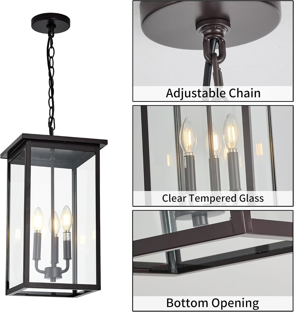 Large Outdoor Pendant Light Fixtures, Oil Rubbed Bronze 3-Lights Outdoor Ceiling Hanging Lanterns with Clear Glass, Exterior Gazebo Light for Patio, Porch, Yard, Gara