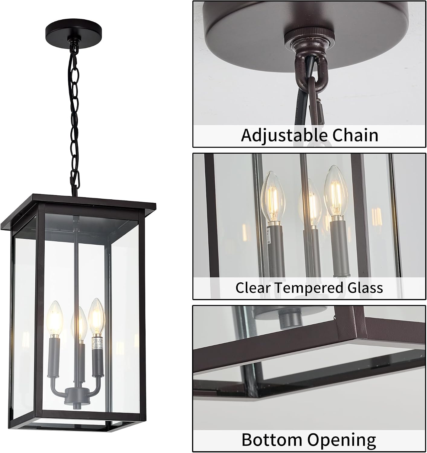 Large Outdoor Pendant Light Fixtures, Oil Rubbed Bronze 3-Lights Outdoor Ceiling Hanging Lanterns with Clear Glass, Exterior Gazebo Light for Patio, Porch, Yard, Gara