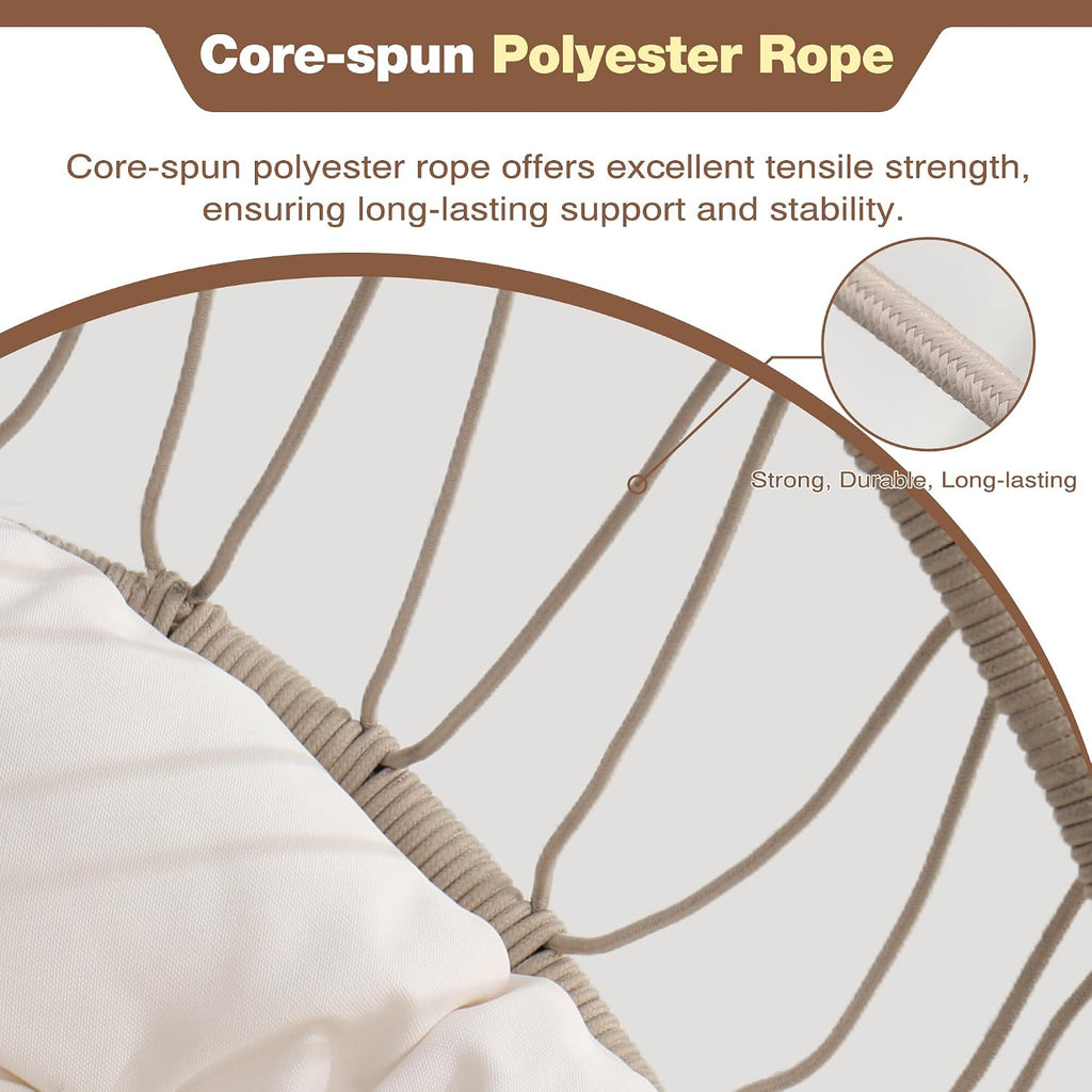 Hanging Egg Chair with Stand, Foldable Patio Hammock Egg Swing Chair Made by All-Weather Core-Spun Polyester Rope with Soft Cushion for Bedroom Garden Indoor Outdoor, 350Lbs Cap. (Beige)