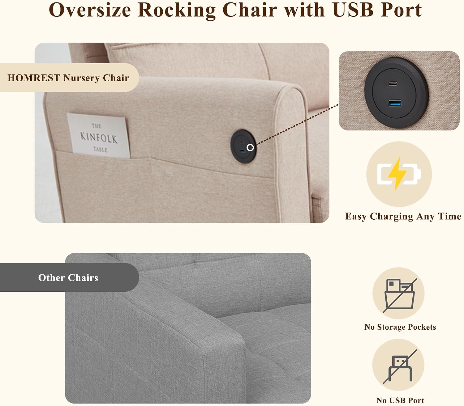 HOMREST Upholstered Oversize Rocking Chair, Nursery Rocking Chair with High Back and Side Pocket USB Port, Double Wide Rocker Armchair with Rubber Wood Legs for Living Room, Bedroom, Nursery, Beige