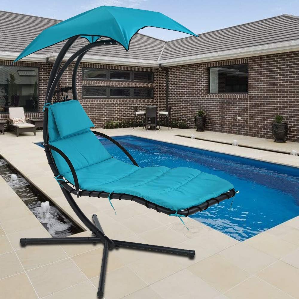 Hammock Chair Hanging Chair Lounge Chairs Outdoor Porch Swing Arc Stand with Canopy Umbrella and Pillow, 280 LBS Capacity, Heavy Duty Large Air Floating Chaise Chair for Patio Backyard Deck - Blue