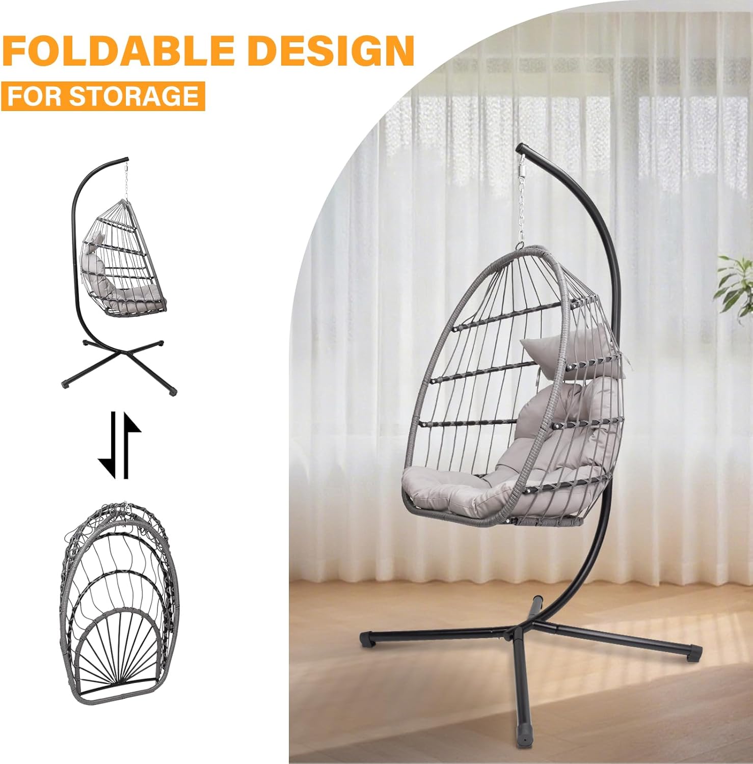 Hanging Egg Chair with Stand, Patio Wicker Hammock Egg Swing Chair with Cushion for Bedroom Garden Indoor Outdoor