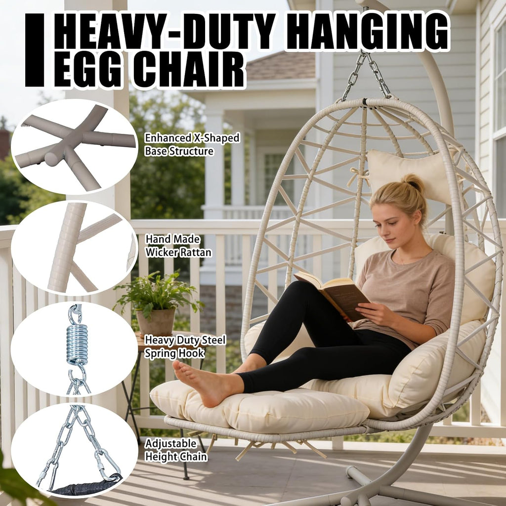 Hanging Egg Chair with Stand & Leg Rest,Rattan Wicker Swing Chair with Cushion,Patio Basket Hanging Chair Wicker Hammock Chair for Indoor Outdoor Bedroom Garden,300LBS (White Rattan&White Cushion)