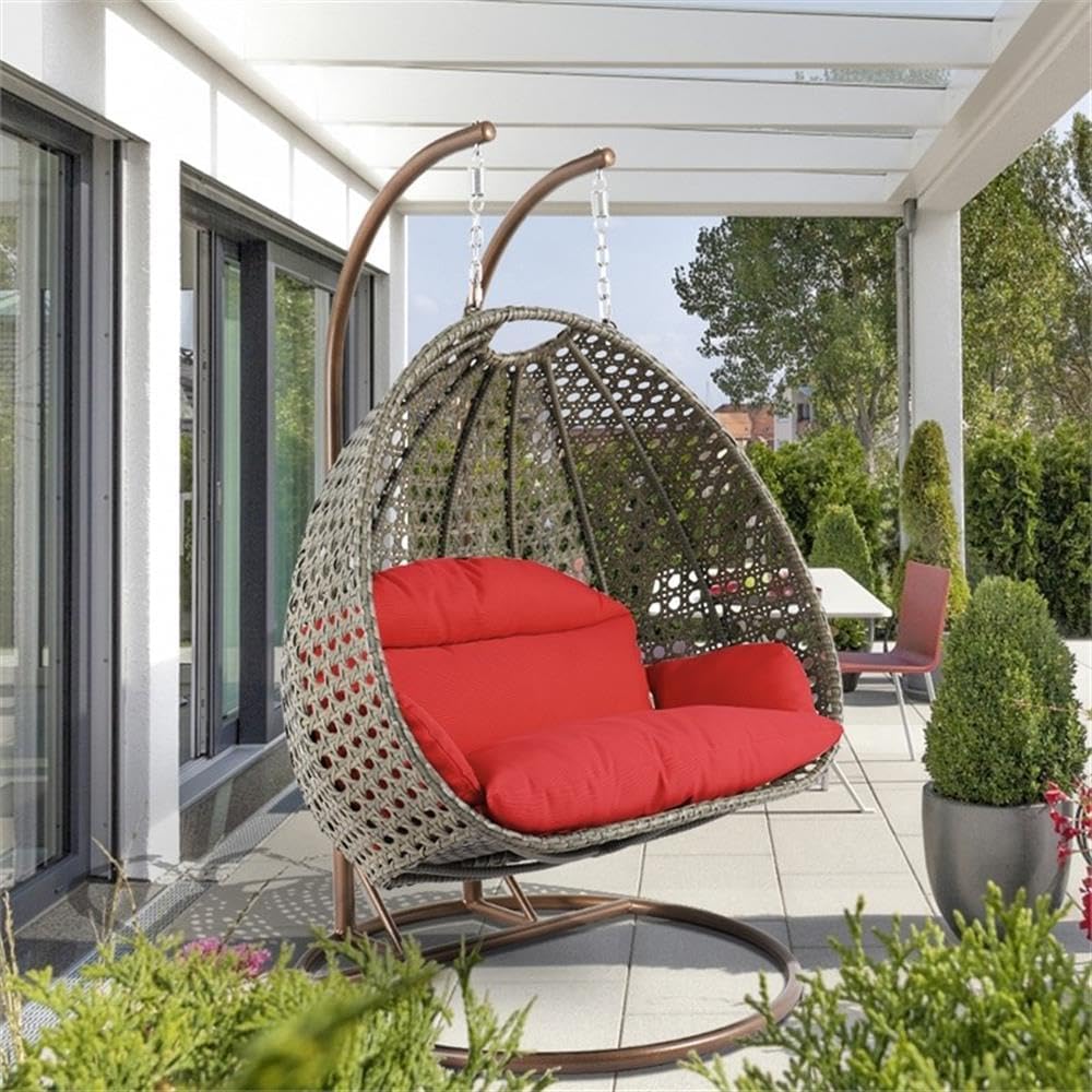 LeisureMod 2 Person Wicker Egg Chair Outdoor Indoor Bedroom Patio Hanging Lounge Swing Hammock Chairs with Beige Stand and UV Resistant Cushions (Red)