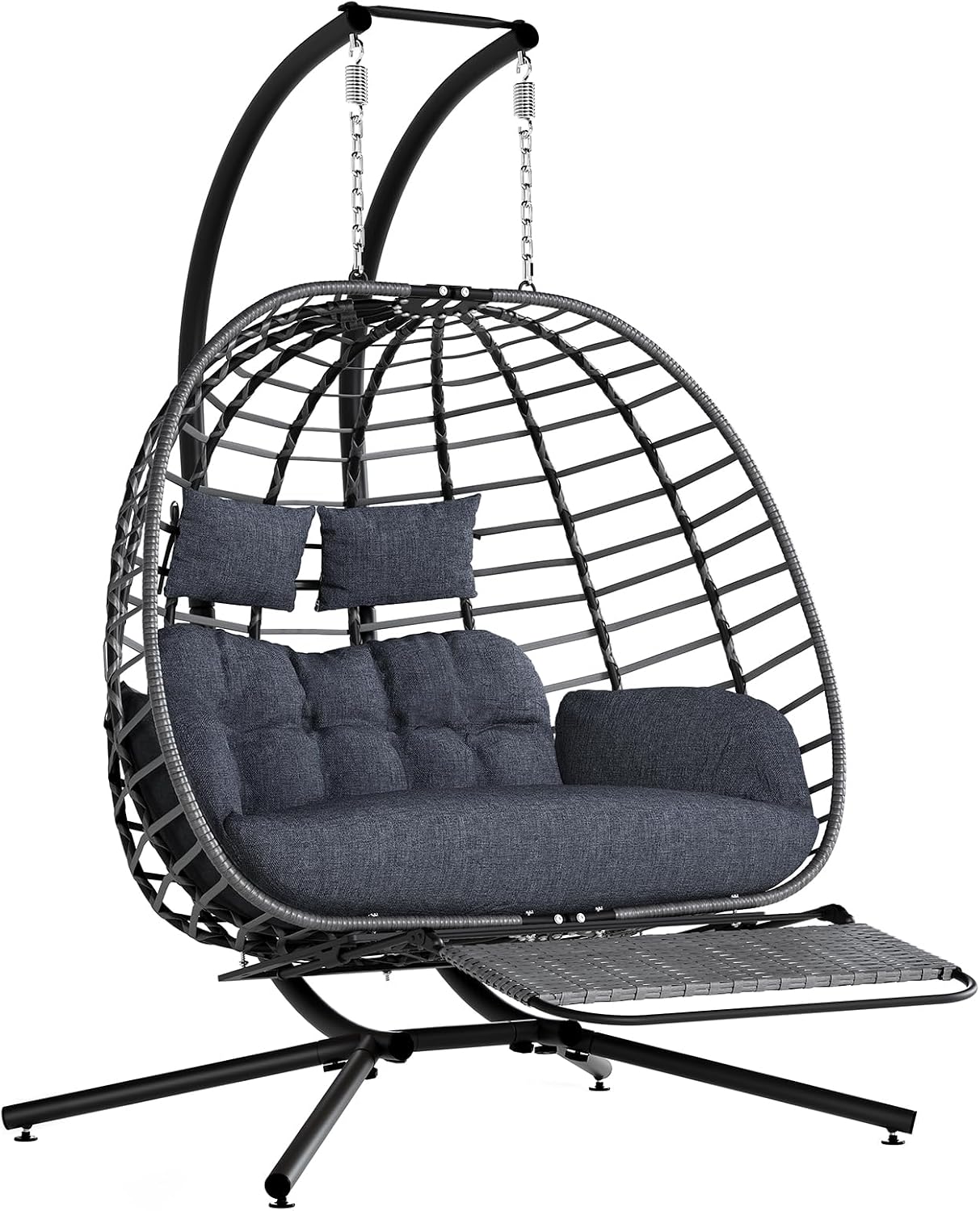 SWITTE Double Egg Swing Chair with Stand & Footrest, Outdoor Patio 2 Person Hanging Wicker Hammock Chairs with Cushion for Indoor Bedroom, Lawn, Garden-Heather Gray