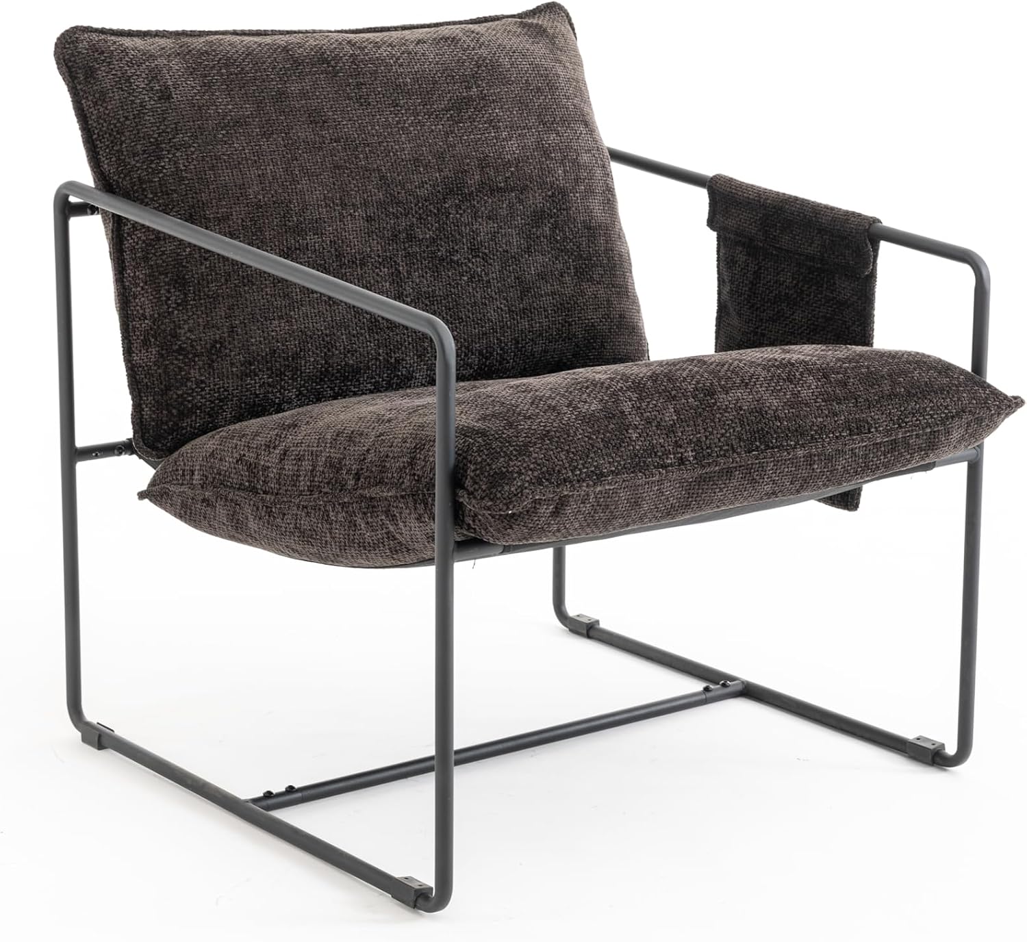 Comfy Sling Accent Chair Set of 2 Upholstered Hanging Armchairs with Pockets Metal Frame Skin-Friendly Fabric Reading Chair for Living Room Bedroom (Dark Grey Cushion & Black Metal Frame)